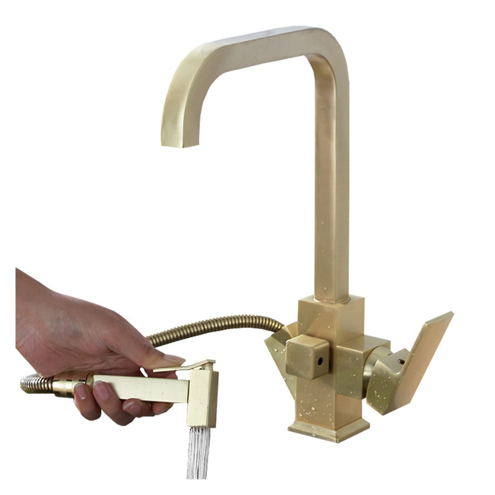 Brushed Gold Pot Filler Kitchen Faucet with Hand Shower & Spray Gun - Hot/Cold Water Rotating Sink Mixer Tap for Cooking, Washing Dishes & Filling Pots Near Stove