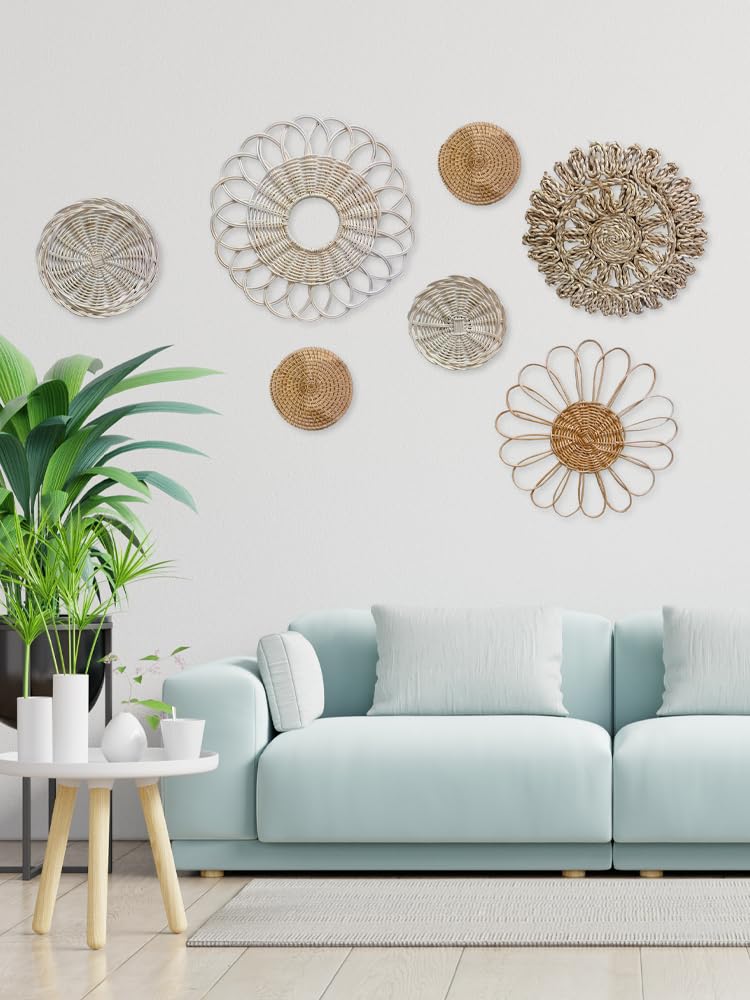 Boho Wall Basket Set of 7 - Natural Seagrass Rattan Wicker Wall Decor for Farmhouse & Boho Style - Handwoven Wall Art for Living Room, Bedroom, Bathroom Decor - Perfect for Home, Office, Wedding & Rustic Decorations