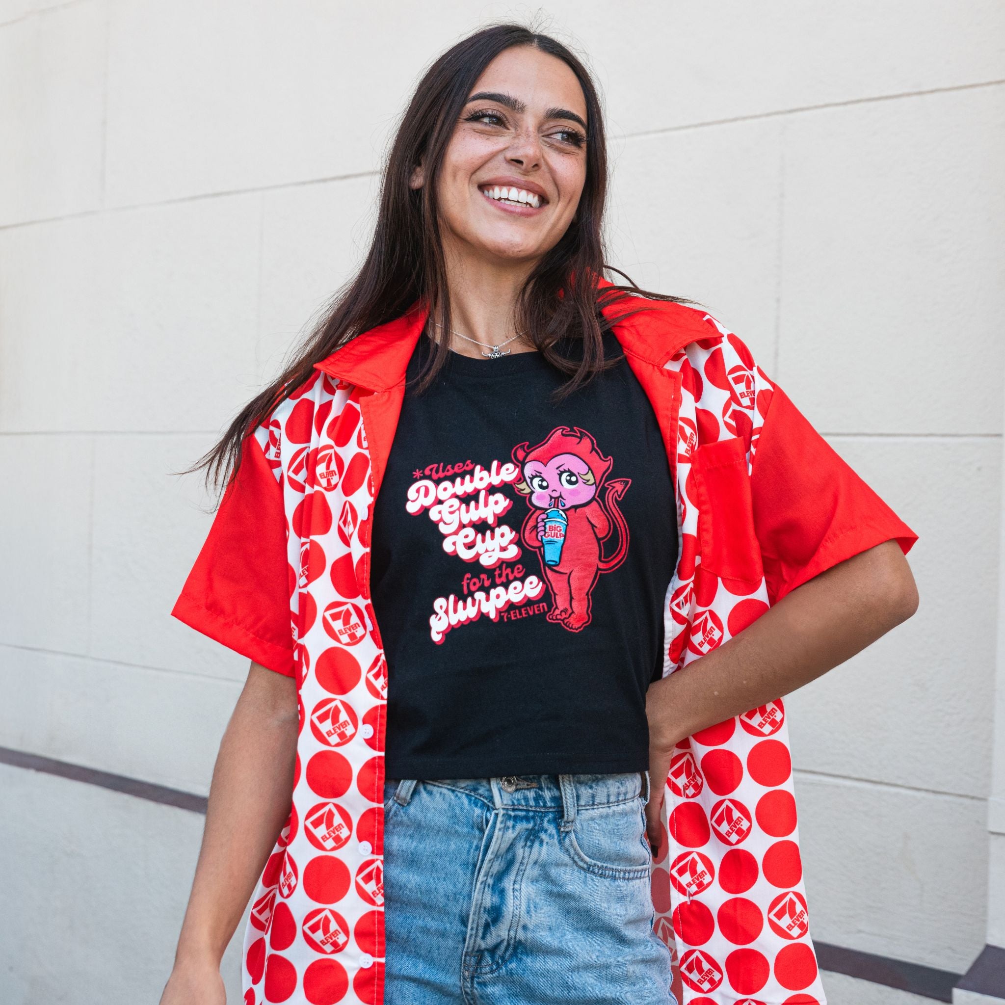 Vintage 7 Eleven® Red Dot Button Up Shirt - Retro Convenience Store Style for Casual Wear & Themed Parties