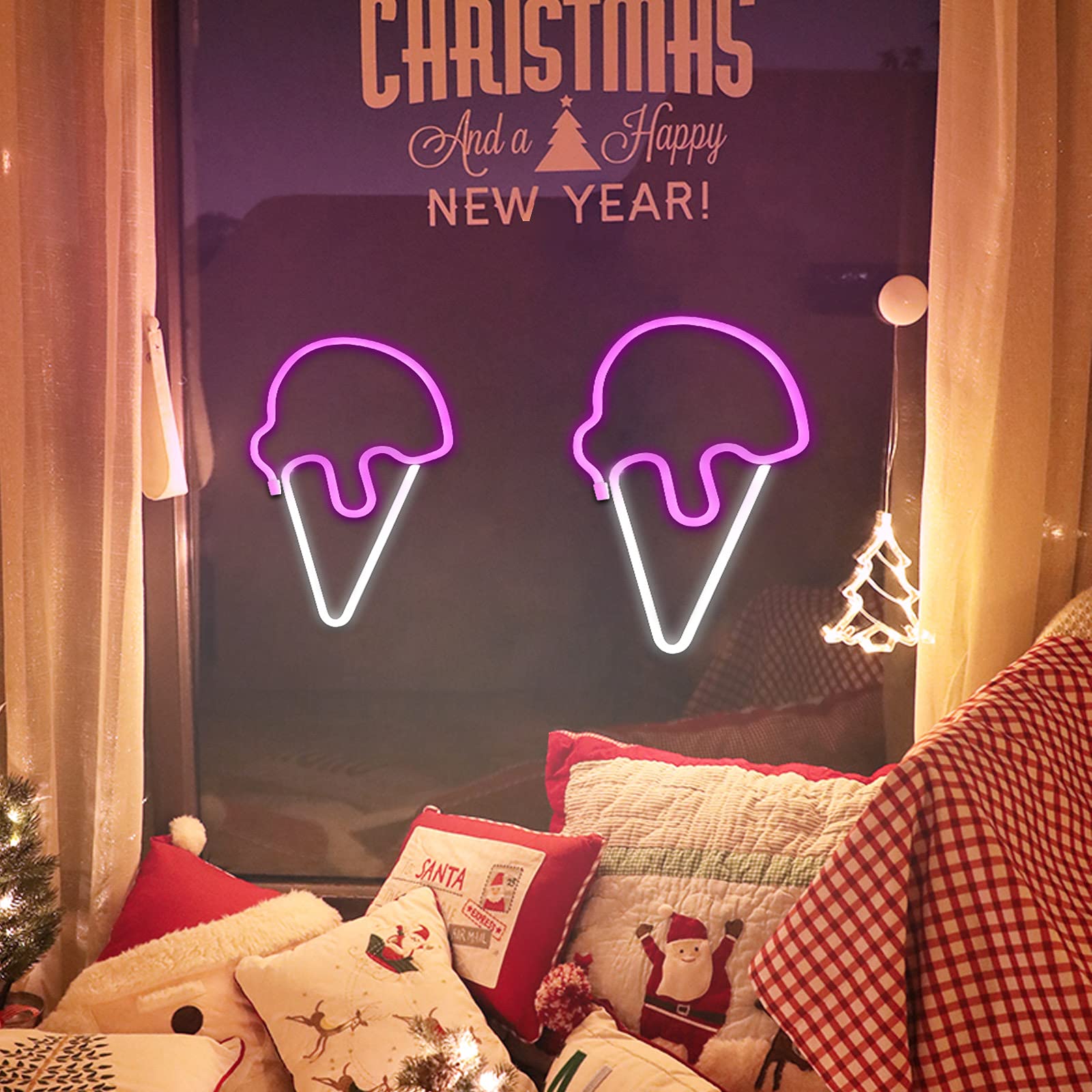 LED Ice Cream Neon Sign - Battery/USB Powered Cute Neon Light for Room Decor - Perfect for Summer Parties, Bedroom, Office, Dorm & Kids Gifts