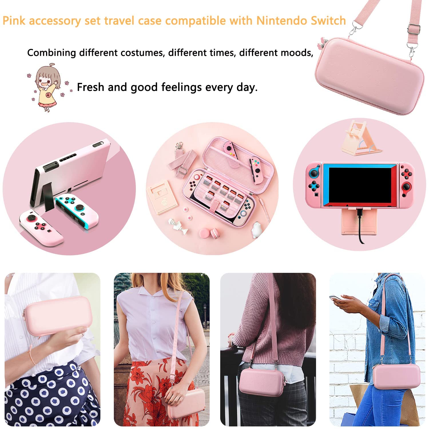 Pink Travel Carrying Case Accessories Kit for Nintendo Switch - 10-in-1 Essential Protection Set with Hard Cover, Tempered Glass Screen Protector, Adjustable Stand & Thumb Grip Caps | Perfect for Gaming On-The-Go, Travel & Daily Protection