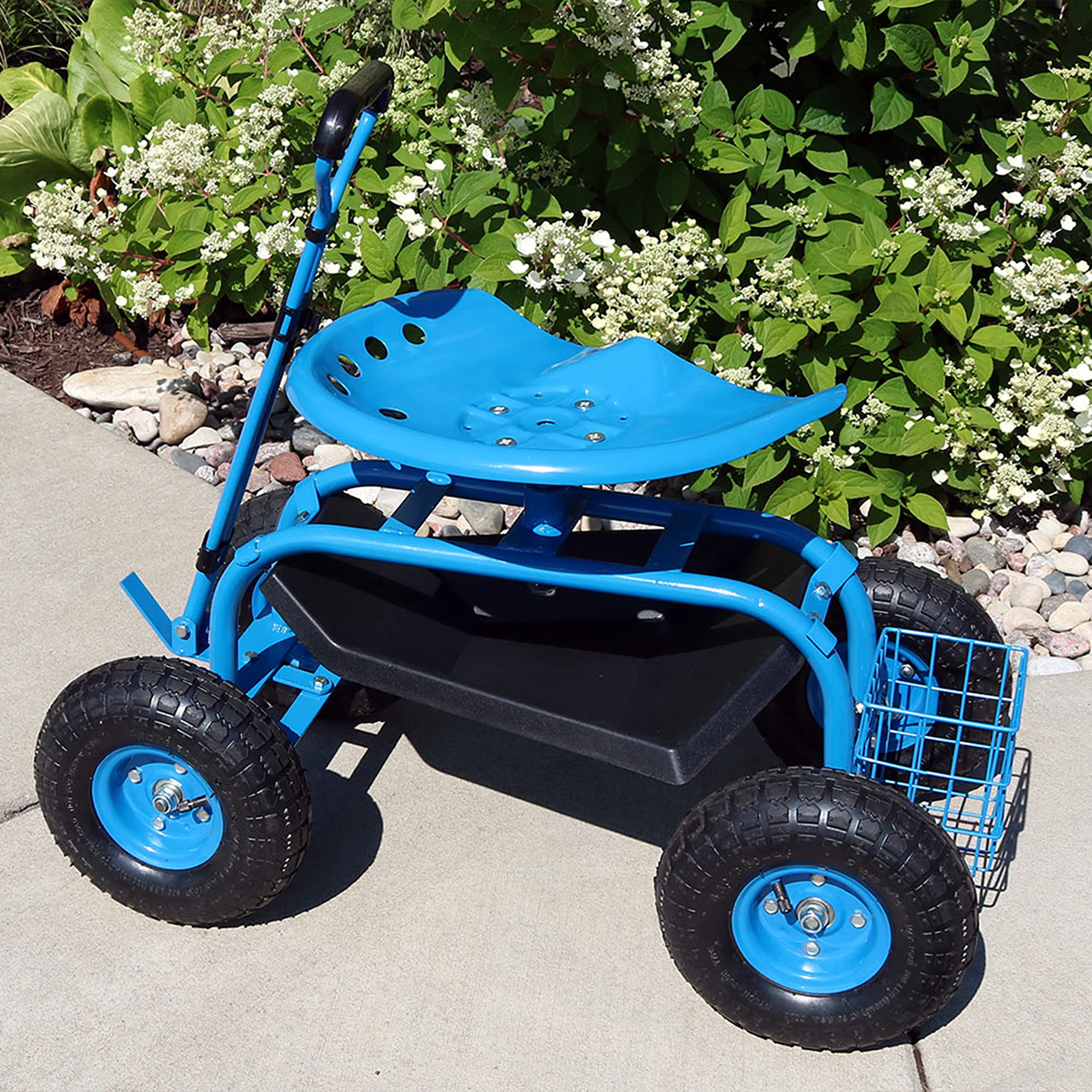Sunnydaze Heavy Duty Garden Cart with Extendable Handle & Swivel Seat - Utility Rolling Scooter with Storage Basket - Perfect for Yard Work, Gardening & Outdoor Chores - Blue