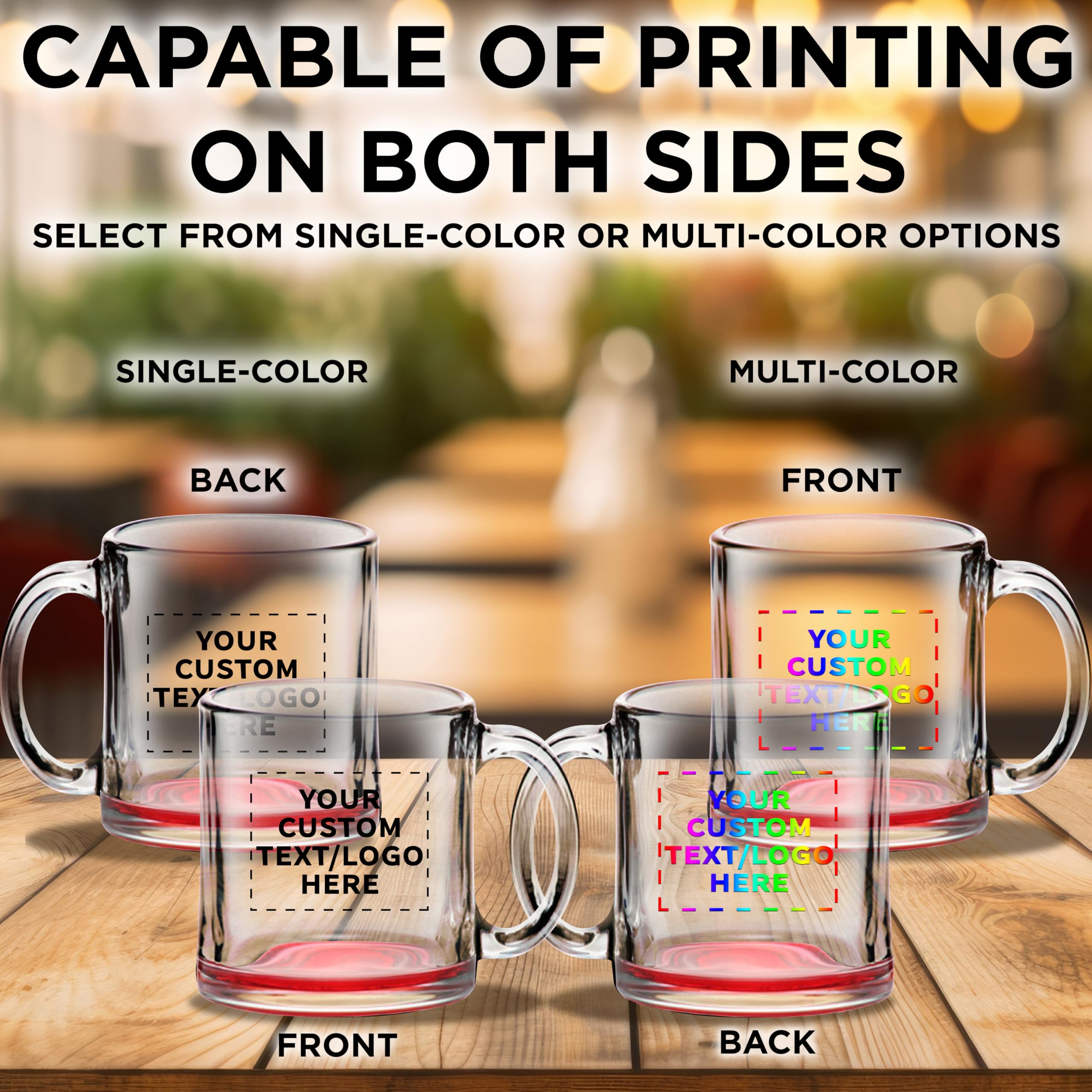 Personalized 13 oz Clear Glass Coffee Mugs Set of 50 - Bulk Libbey Custom Mugs for Coffee, Tea, Espresso & Hot Cocoa - Red Bottom - Ideal for Restaurants, Cafes, Offices & Events
