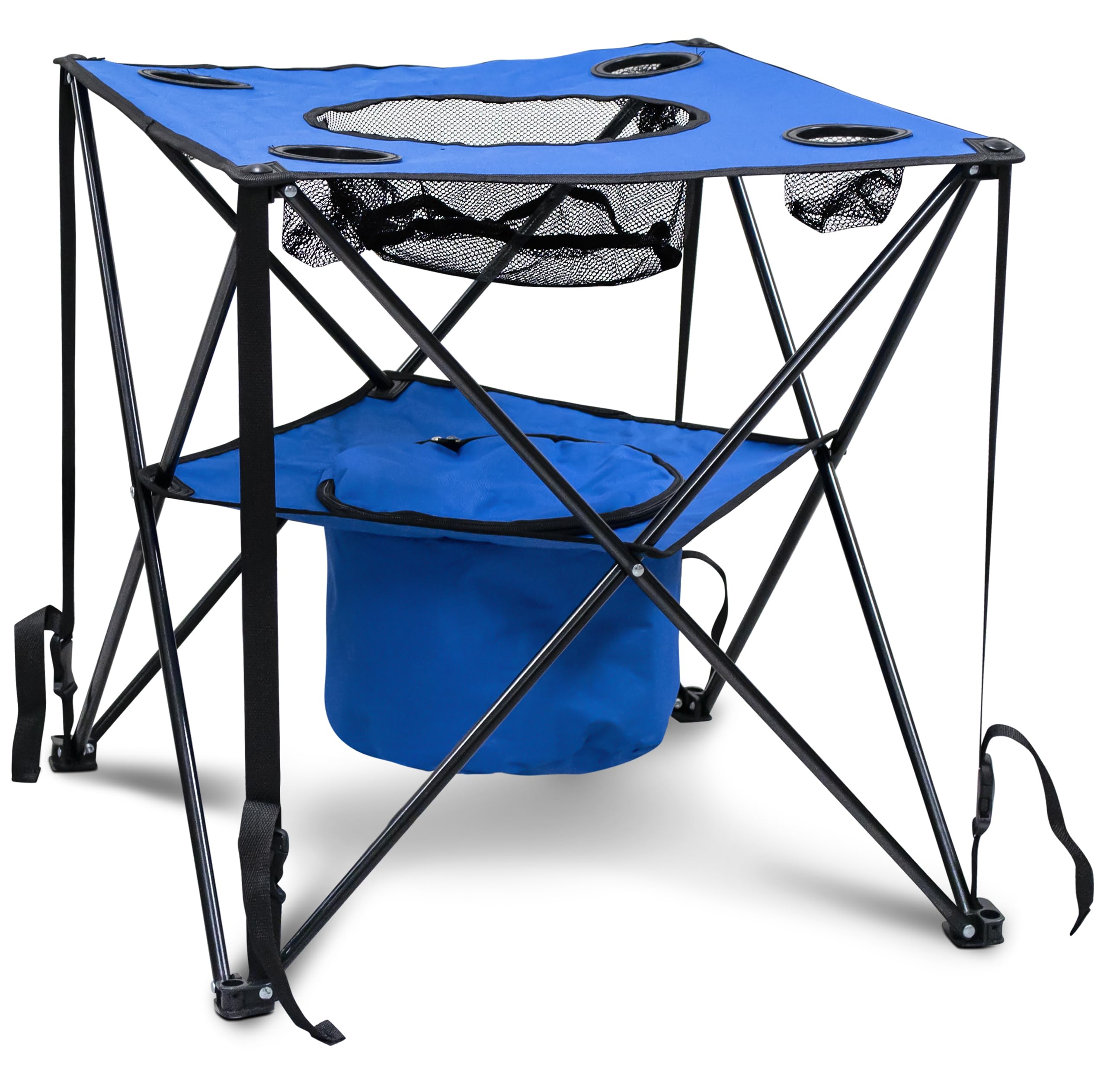 Portable Folding Camping Table with Built-in Cooler, Cup Holders & Storage Basket - Compact Picnic, Beach, Tailgating & Outdoor Dining Essential - Includes Carry Bag (Blue)