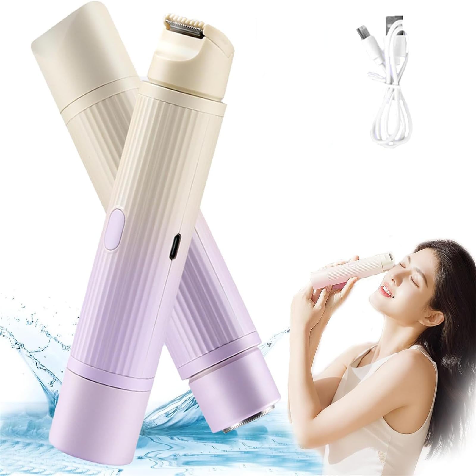 Allalonga 7-in-1 Electric Shaver for Women - 2-in-1 Wet & Dry Hair Removal with 3 Attachments - Painless Bikini & Body Shaver (Purple) - Perfect for Travel, Gym & Sensitive Skin Care