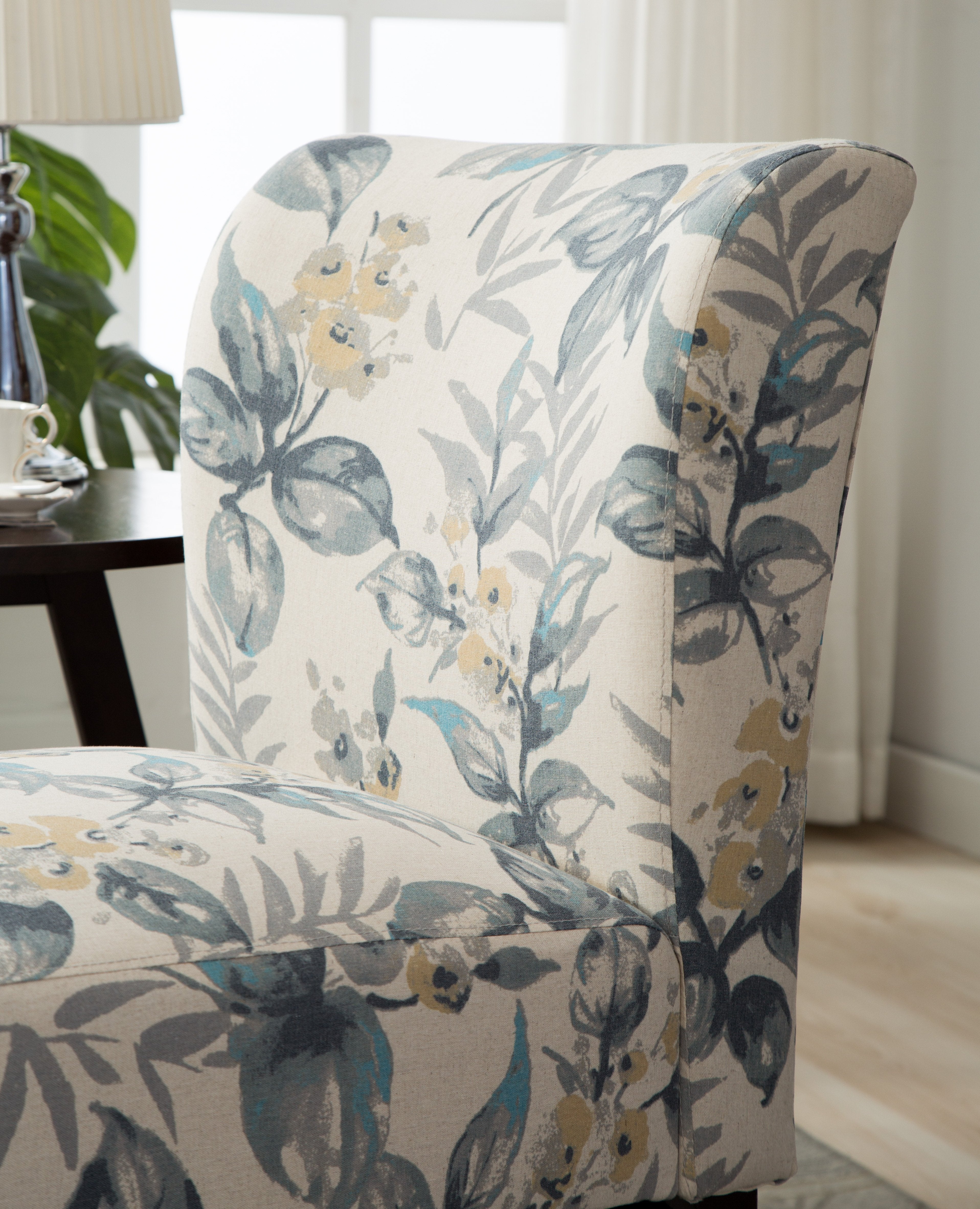 Roundhill Furniture Capa Fabric Armless Contemporary Accent Chair - Blue Leaves Design, Modern Living Room Chair for Home Office, Lounge, or Reading Nook