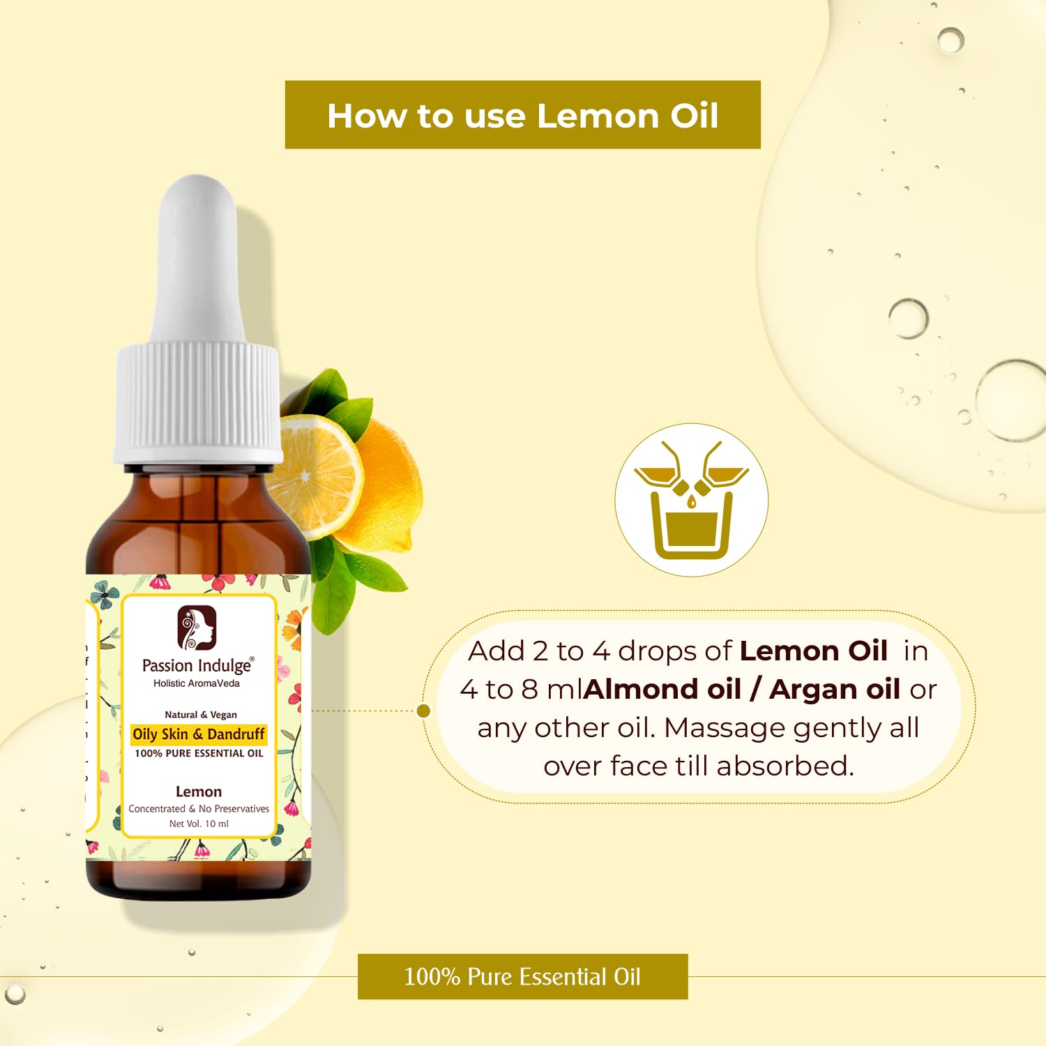 Passion Indulge 100% Pure Lemon Essential Oil for Acne & Pimple Treatment - Oily Skin Care, Dry Hair & Dandruff Solution - 10ml Natural Aromatherapy Oil for Diffusers, Massage & DIY Beauty