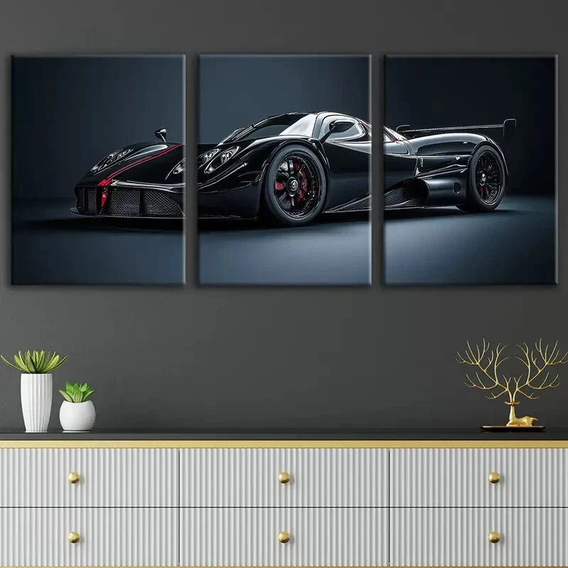 3-Piece Abstract Black Sports Car Racing Wall Art Set - Framed Canvas 40x60cm | High Quality Print | 100% Australian Made | Ready to Hang | Perfect for Man Cave, Garage Decor & Motorsport Fan Gifts