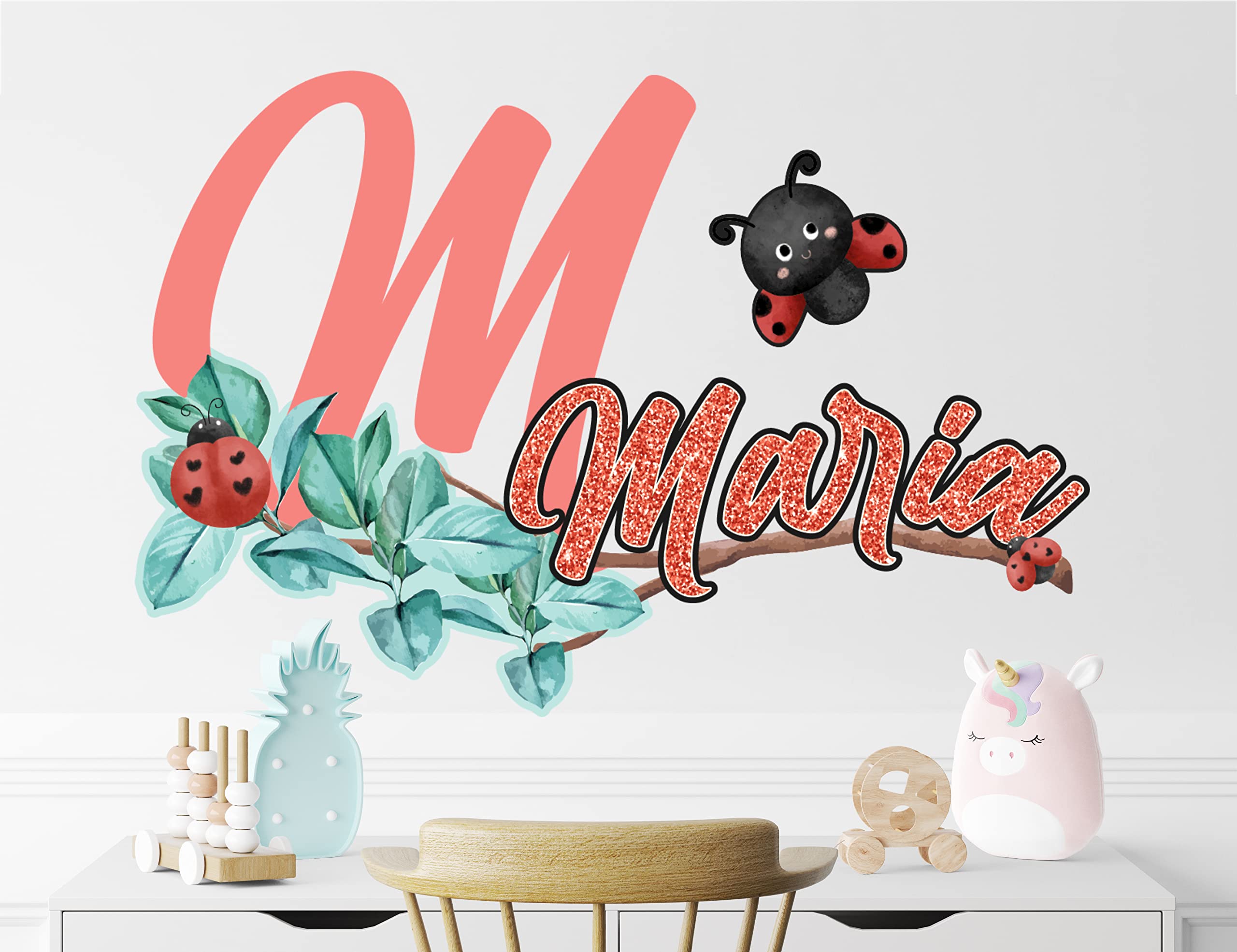 Custom Ladybug & Flower Name Wall Decals for Girls - Personalized Nursery Room Decor - Baby Girl Bedroom Wall Stickers - Removable Kids Room Decoration for Walls (Perfect for Birthday Gifts & Nursery Theming)