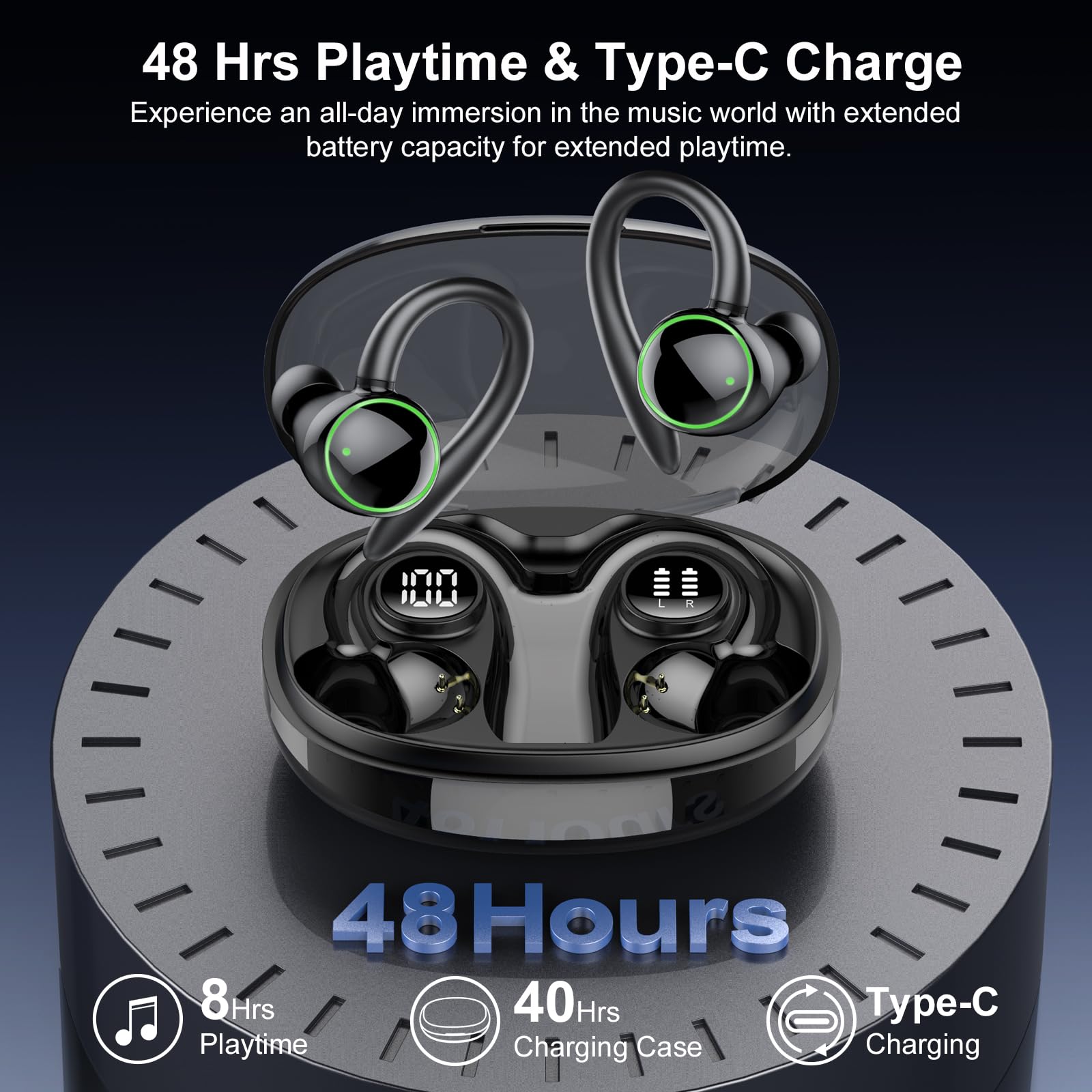 Wireless Bluetooth 5.3 Earbuds with ENC Noise Cancelling Mic, 48H Playtime, IP7 Waterproof Sports Earphones with Earhooks, Stereo Deep Bass - Perfect for Running, Workout, Gym & Outdoor Activities (Black)