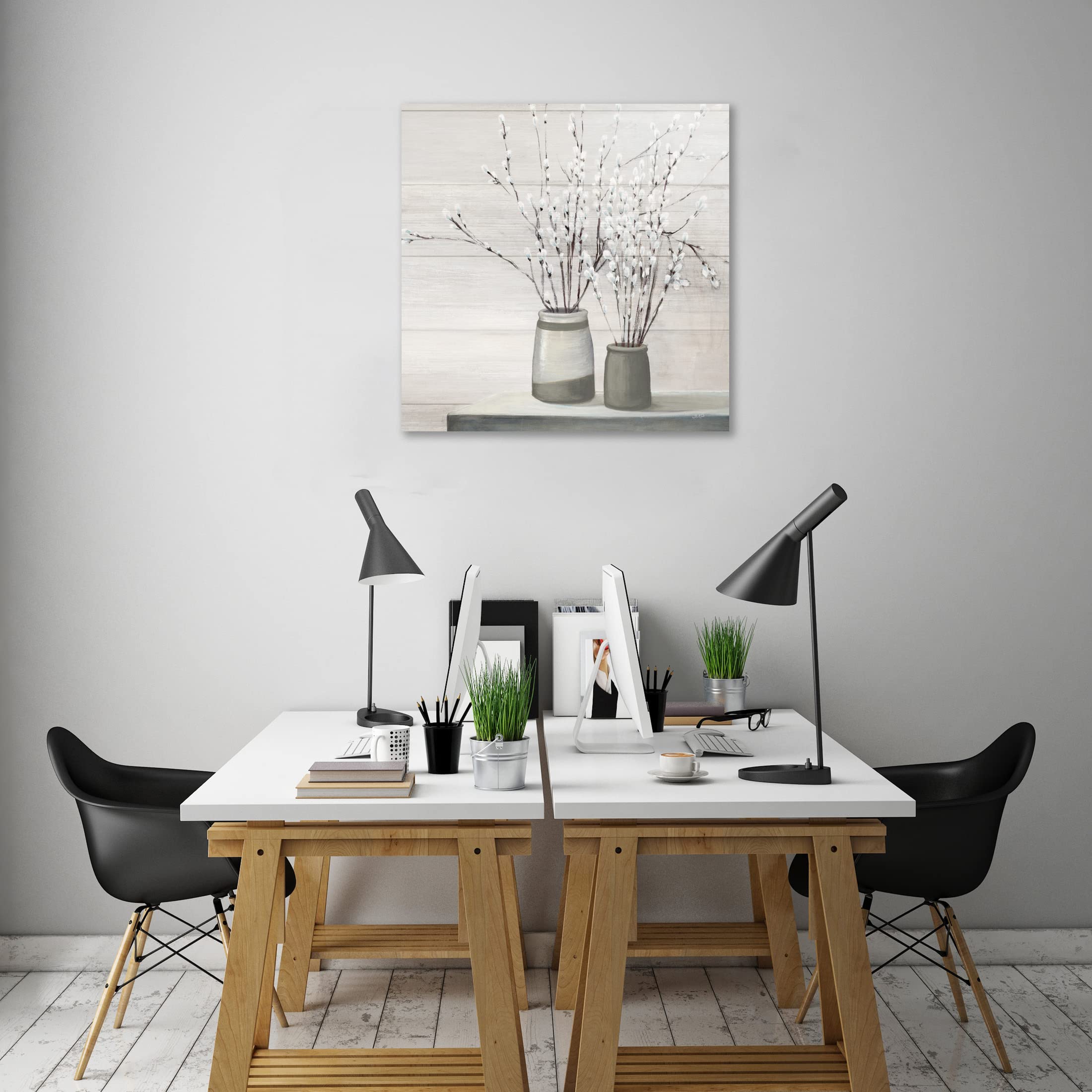 Julia Purinton Pussy Willow Still Life Gray Pots Shiplap Gallery Wrapped Canvas Art Print - 36x36 Inches - Modern Farmhouse Wall Decor for Living Room, Bedroom & Office