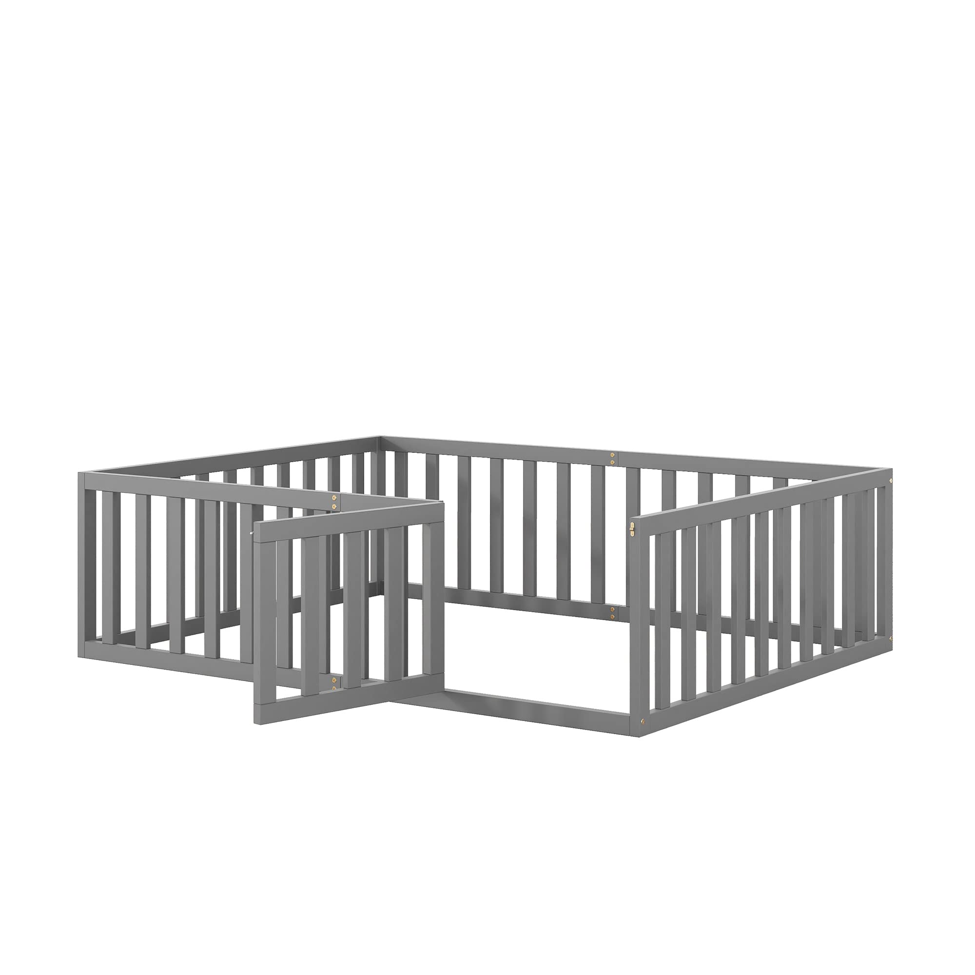 Bellemave Full Size Wooden Montessori Bed Frame for Kids with Fence-Shaped Guardrails & Door - Gray - Safe Toddler Bed for Daycare, Nursery & Children's Bedroom