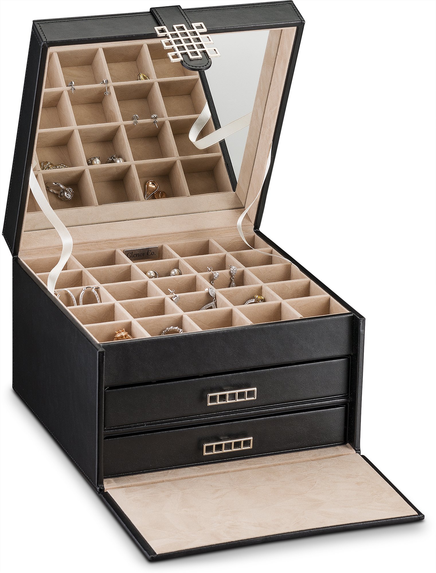 Elegant PU Leather Jewelry Organizer Box with 50 Small & 4 Large Slots - 3-Tray Earring, Ring & Chain Storage with Mirror & Drawer - Perfect for Travel, Home Vanity & Gift Giving - Black
