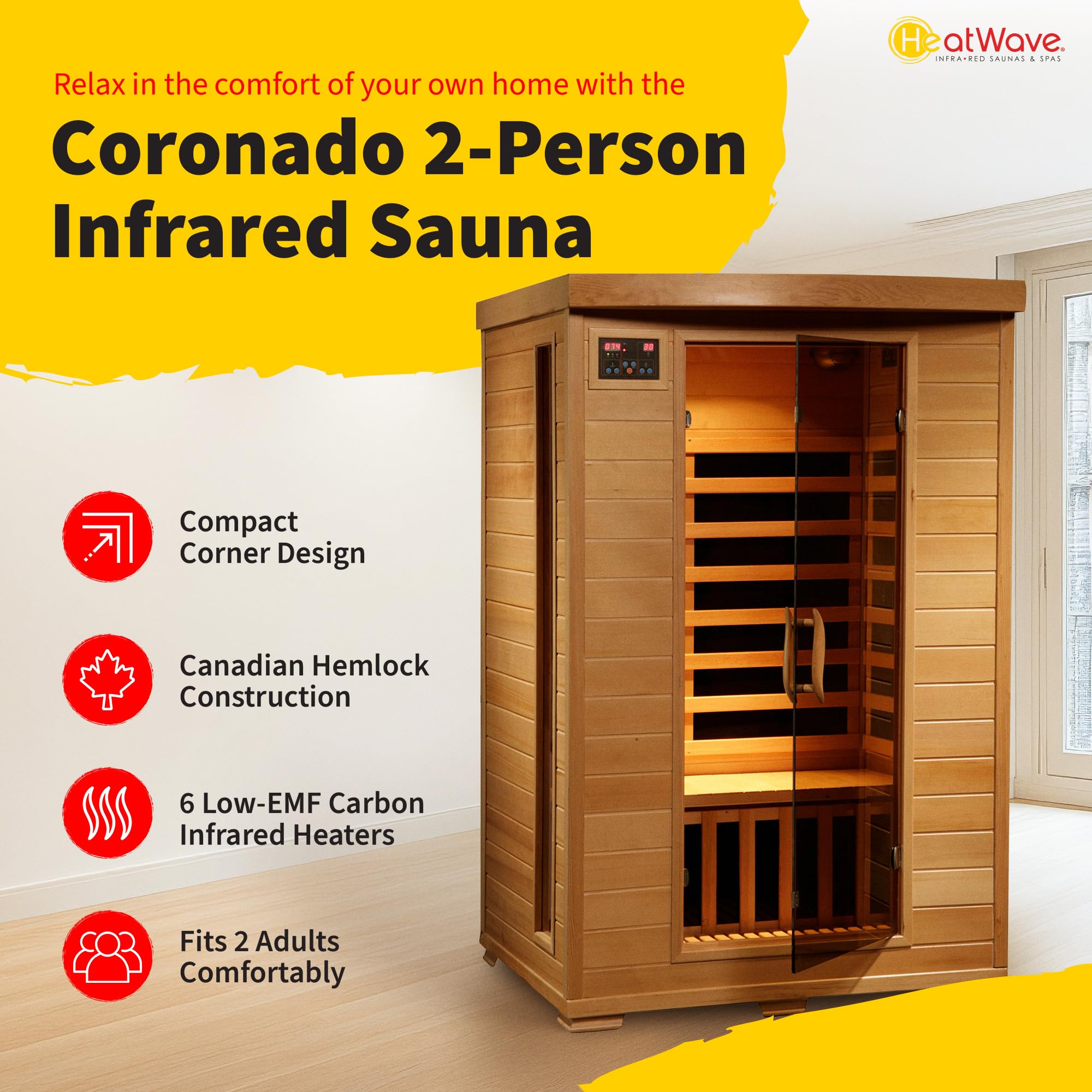 HEATWAVE 2-Person Hemlock Infrared Sauna with 6 Carbon Heaters & Chromotherapy Lighting - Home Spa Relaxation for Couples, Detox & Muscle Recovery