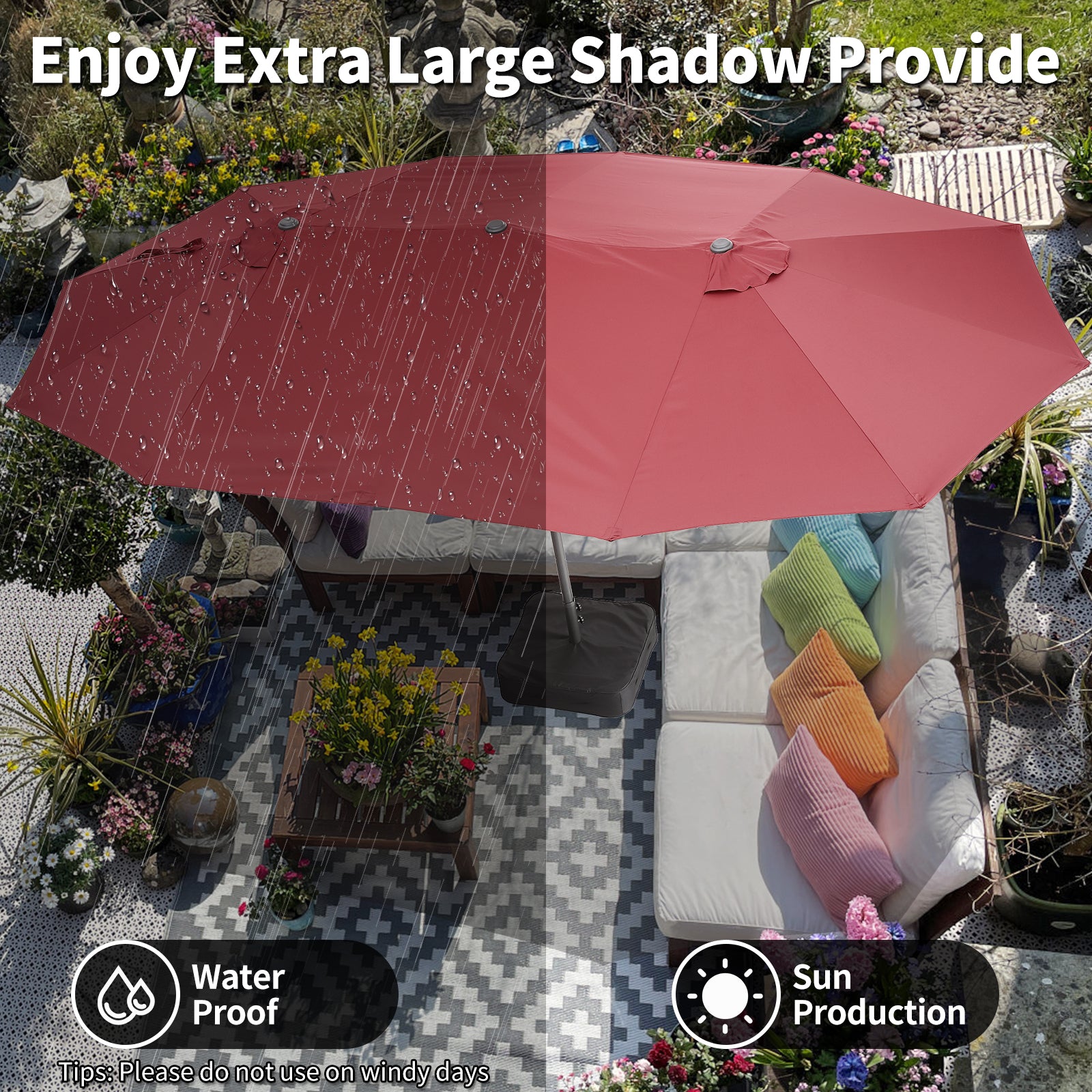 GARVEE 15x9 Ft Extra Large Outdoor Patio Umbrella with Heavy Duty Base - Double Sided Market Umbrella with Easy Crank Handle - UV Protection for Pool, Garden, Backyard - Perfect for Shade by Poolside, Outdoor Dining & Relaxation - Wine Red