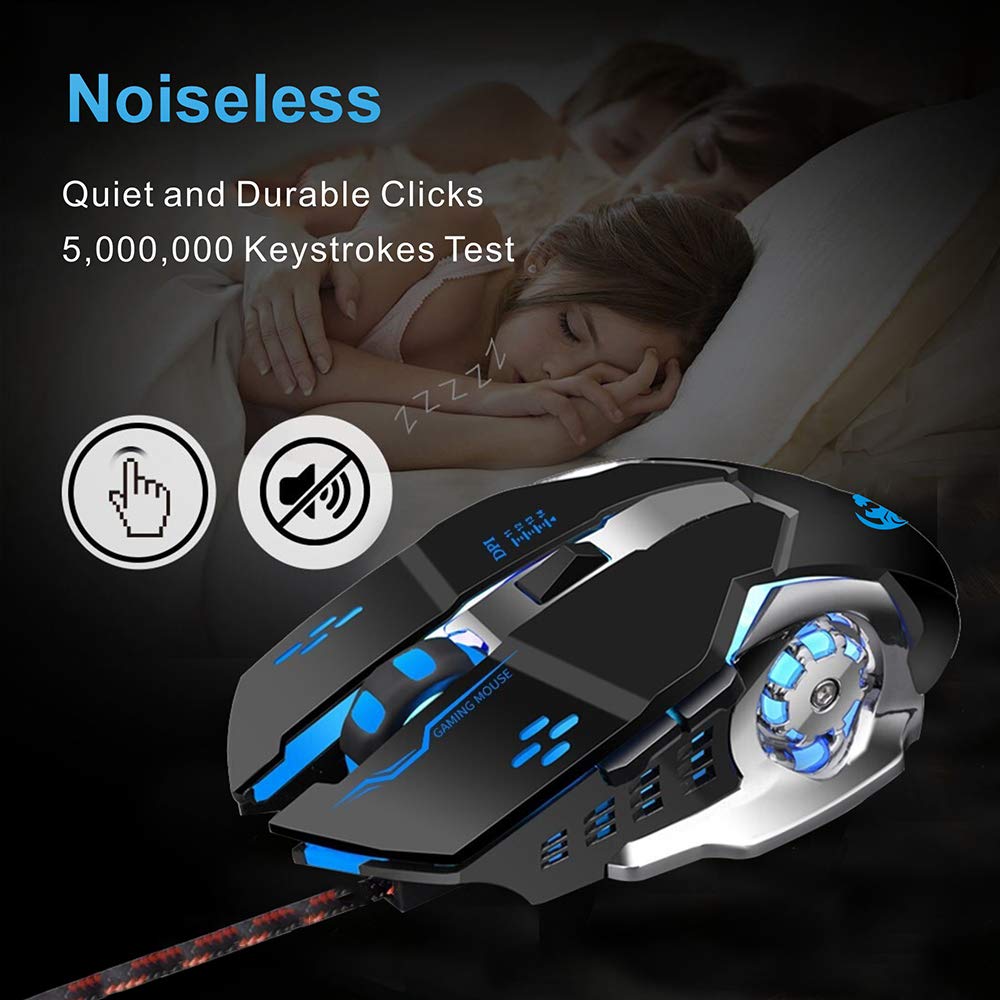 TENMOS K85 Silent Click Wired Gaming Mouse - Ergonomic USB Computer Mouse with 4 Adjustable DPI, Breathing LED Light, 6 Buttons - Compatible with PC, Laptop, Computer (Black) - Perfect for Gaming, Office, and Home Use