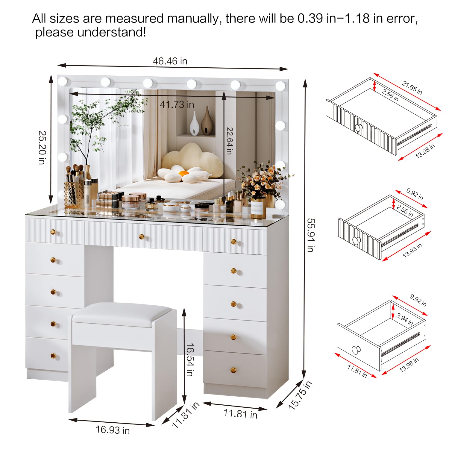 Modern White Large Vanity Desk with Chair - 11-Drawer High Capacity Makeup Dressing Table with Glass Top for Bedroom, Makeup Room | Perfect for Beauty Routine, Dressing Area & Home Decor