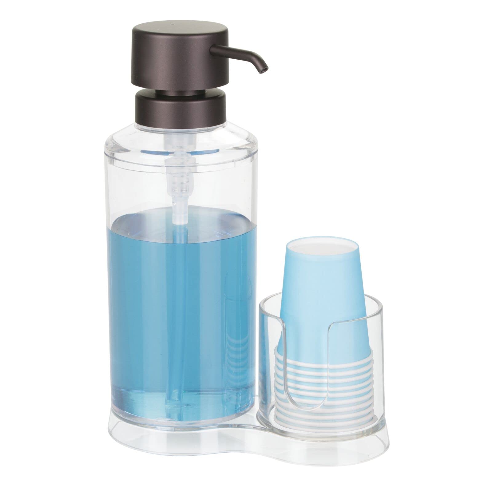 mDesign Plastic Refillable Mouthwash Dispenser with 8 Paper Cups - Bathroom Vanity Organizer for Countertop & Cupboard - Clear/Bronze Lumiere Collection - Perfect for Home, Hotel & Dental Office Use