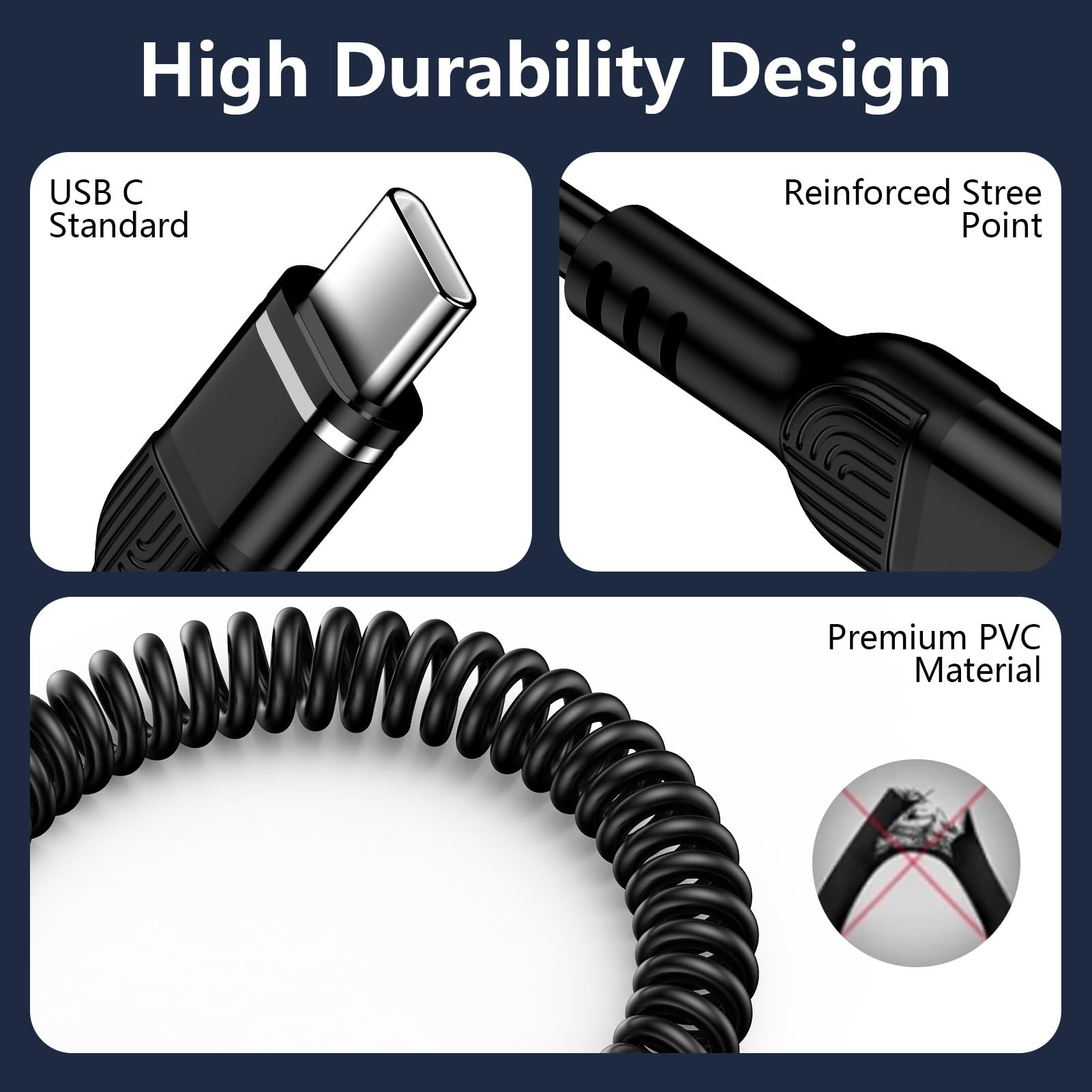 Premium 4FT Coiled USB-A to USB-C Car Charger Cable - Fast Charging Compatible with iPhone 16/16 Plus/16 Pro/16 Pro Max & Android Devices | Durable Curly Cord for Car, Home, Office & Travel Use