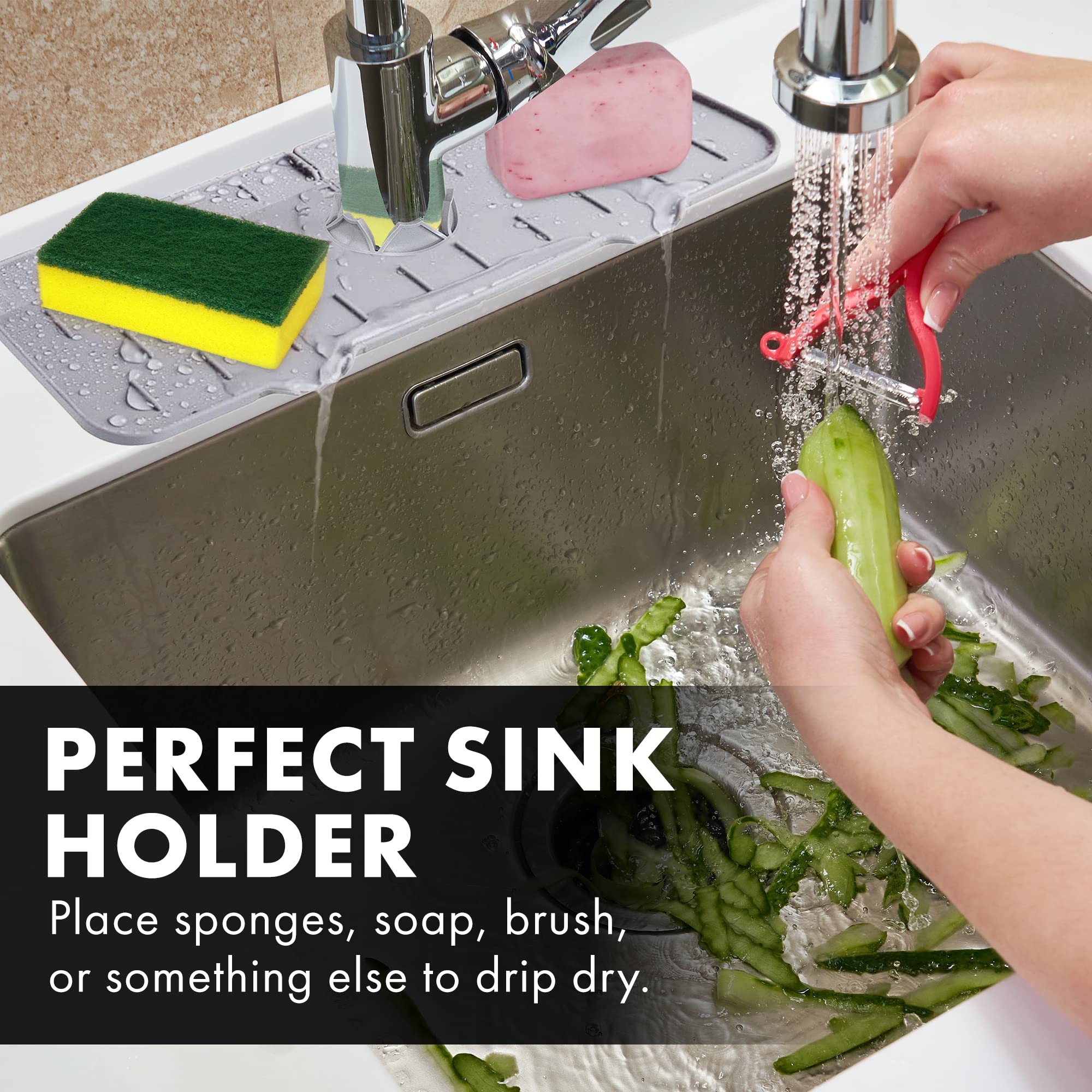 Self-Draining Silicone Faucet Mat for Kitchen Sink - Adjustable Depth Splash Guard & Drip Catcher to Prevent Hard Water Stains | Perfect for Protecting Countertops from Splashes & Mineral Deposits