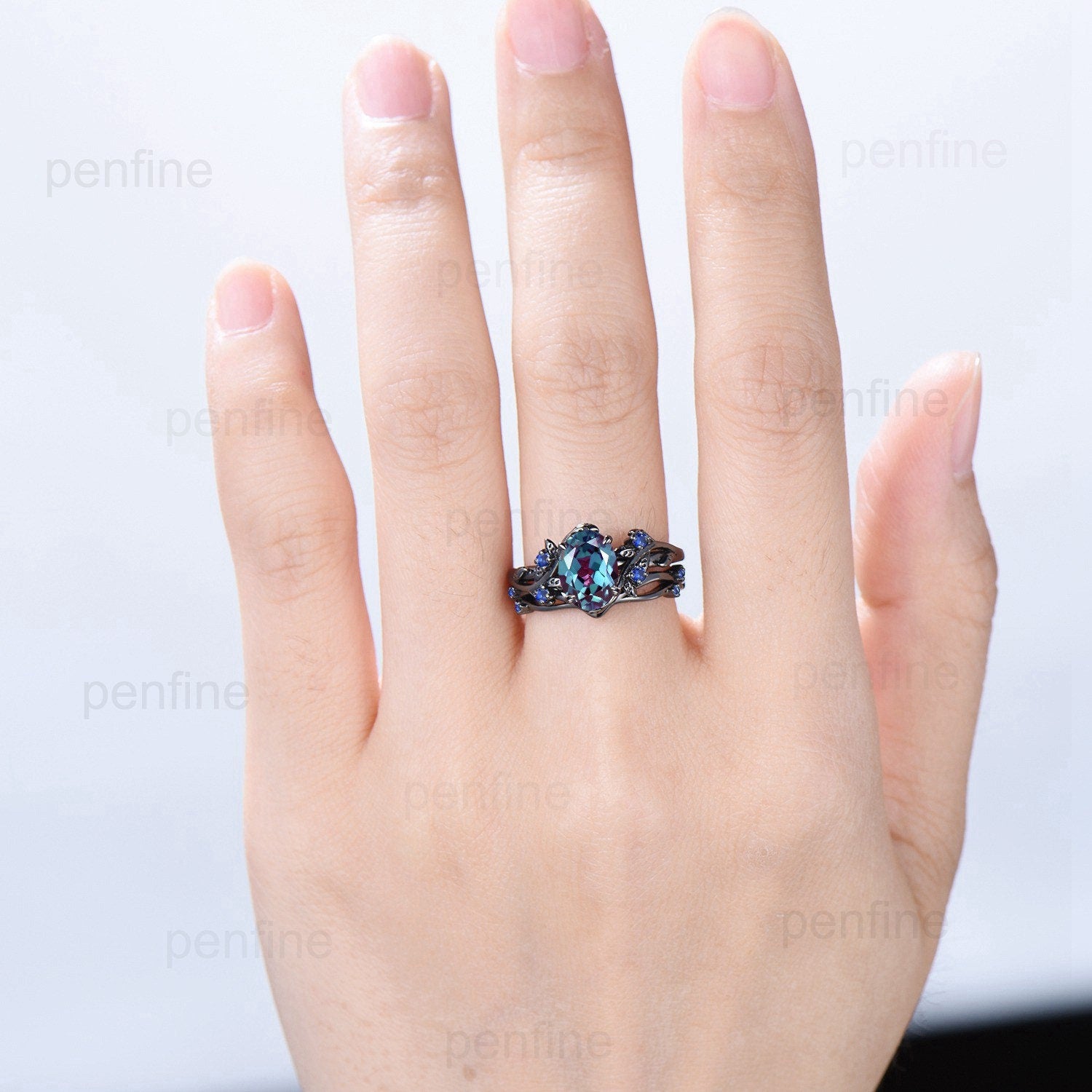 Nature Inspired Alexandrite Leaf Ring Set - Black Gold Branch Twig Color Changing Engagement Ring - Unique Sapphire Wedding Ring for Women - Perfect for Engagement, Wedding & Anniversary Gifts