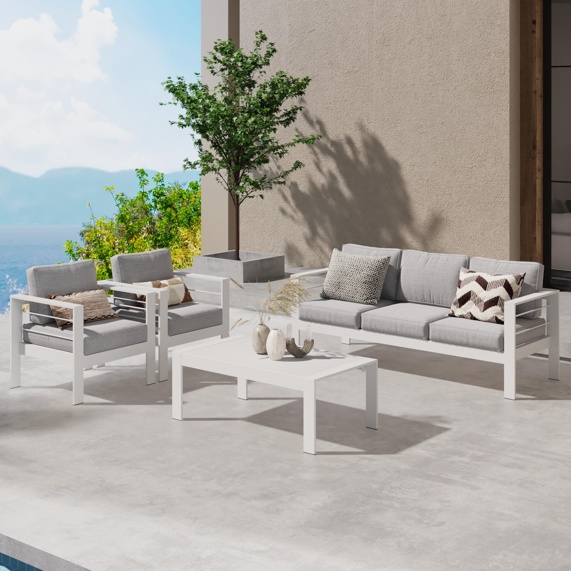 Wisteria Lane Aluminum Outdoor Patio Furniture Set - Modern 5-Piece Metal Sectional Sofa with 5-Inch Cushions & Coffee Table - Light Grey Balcony & Garden Conversation Set for Backyard, Poolside & Outdoor Entertaining