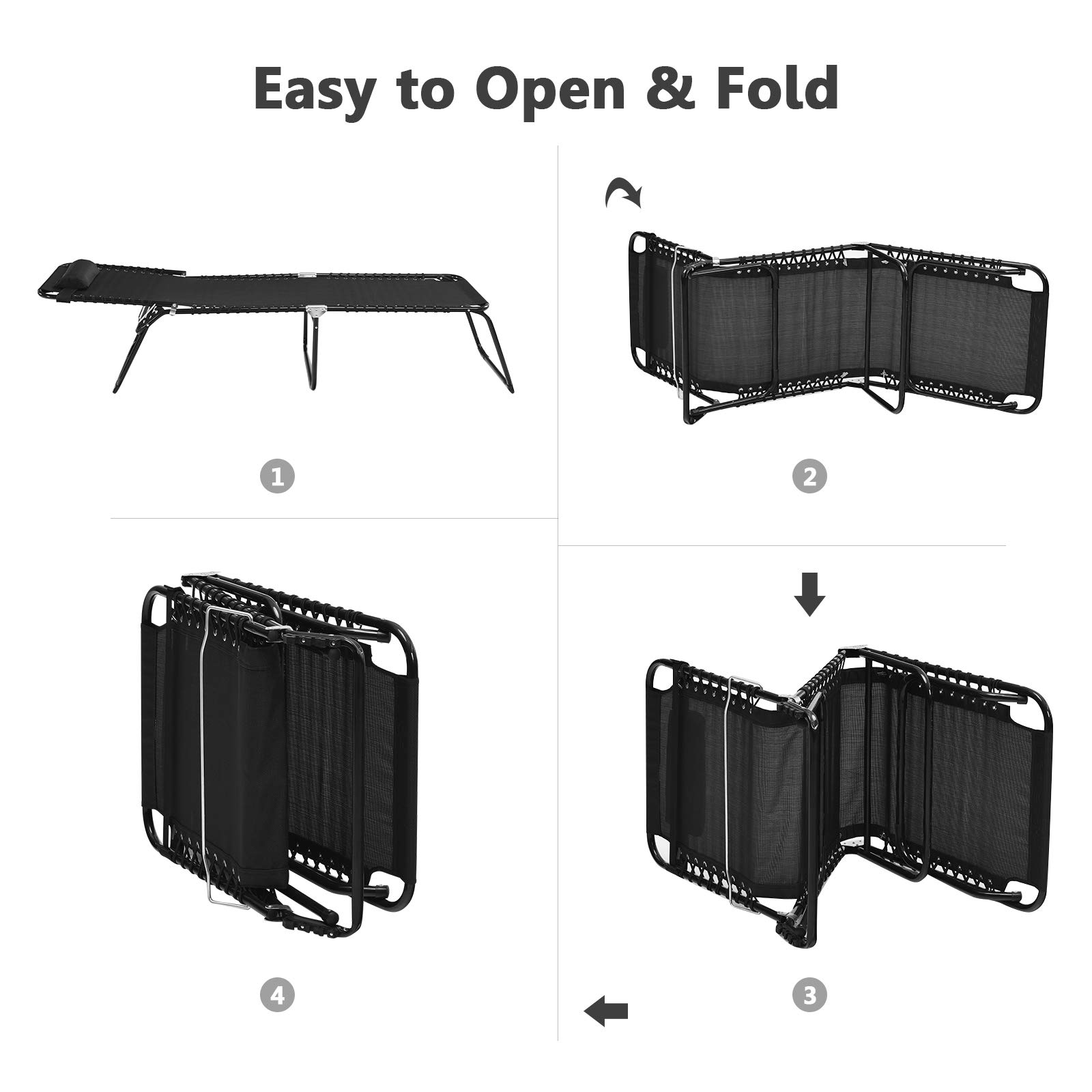 GYMAX Folding Tanning Chair with Adjustable Backrest & Removable Pillow - Extra High Lounge Chair for Sunbathing, Detachable Side Pocket, Indoor Outdoor Beach Chaise Lounger (Black) - Perfect for Poolside Relaxation, Backyard Sunbathing & Beach Vacations