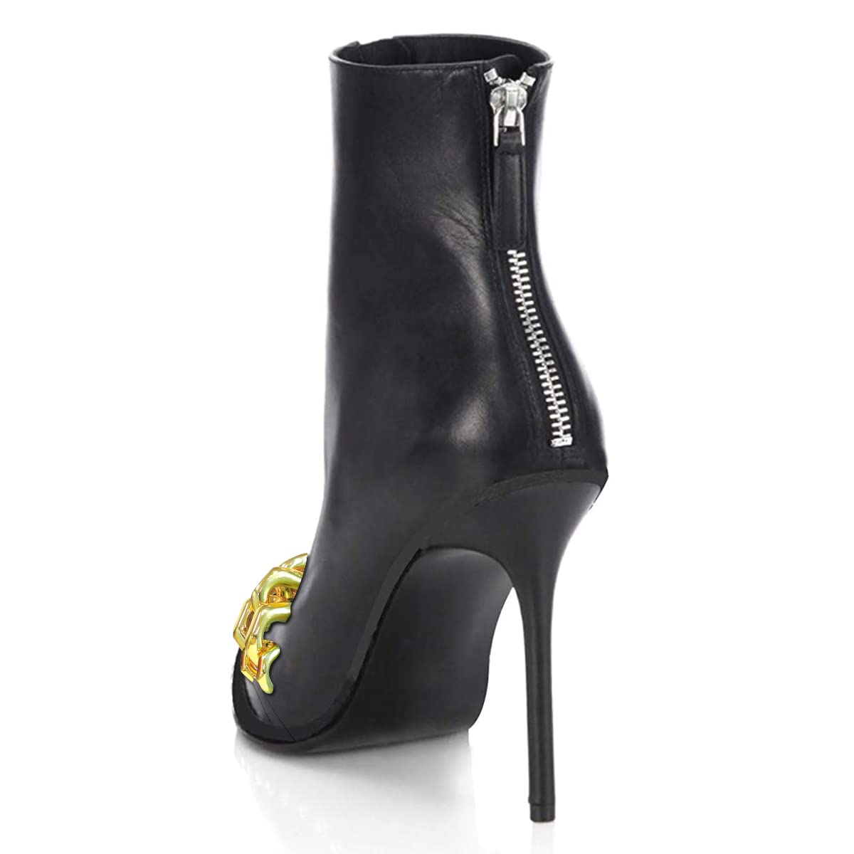 XYD Women's Fashion Double Zipper Ankle Boots with Gold Chain - Pointed Toe Stiletto High Heel Club Booties for Party, Night Out & Evening Events