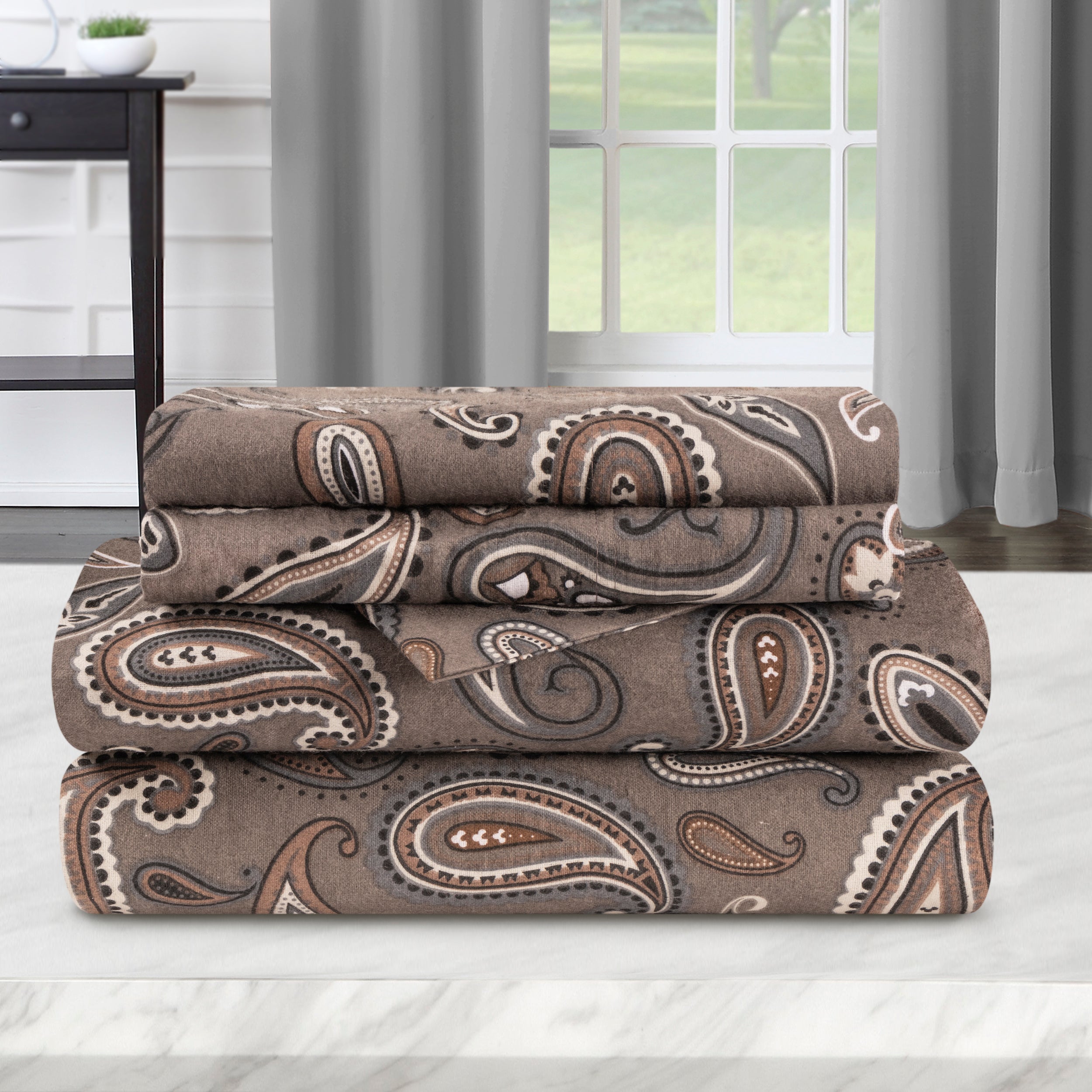 Soft Flannel Cotton Floral Paisley Bed Sheet Set with Deep Pockets - Queen Size, 4-Piece Set for Cozy Winter Nights & Guest Room Comfort