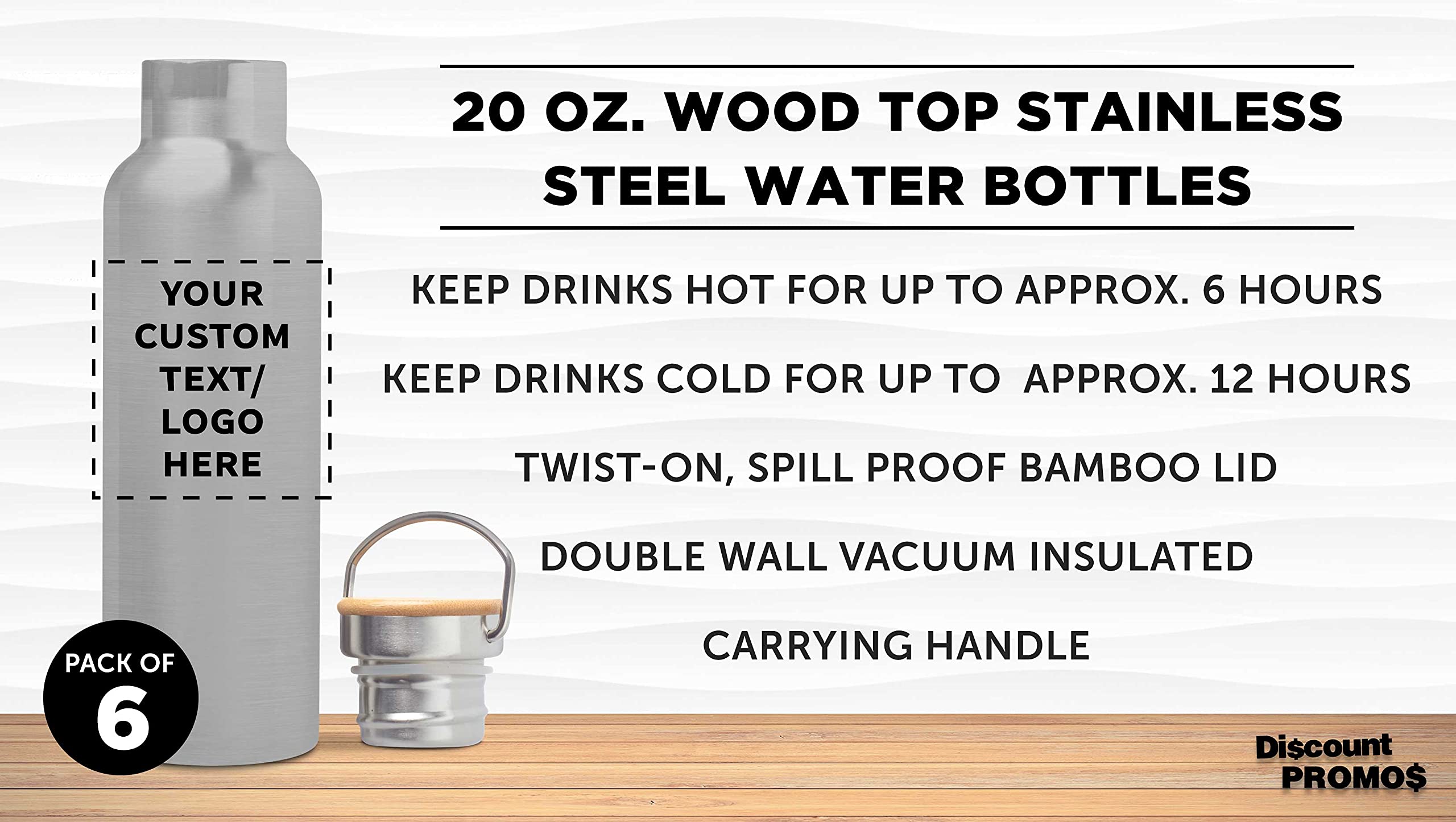 6-Pack Stainless Steel Water Bottles with Wood Top - 20oz Double Wall Insulated, BPA-Free, Spill Proof - Custom Text & Logo - Perfect for Gym, Hiking, Office & Outdoor Activities