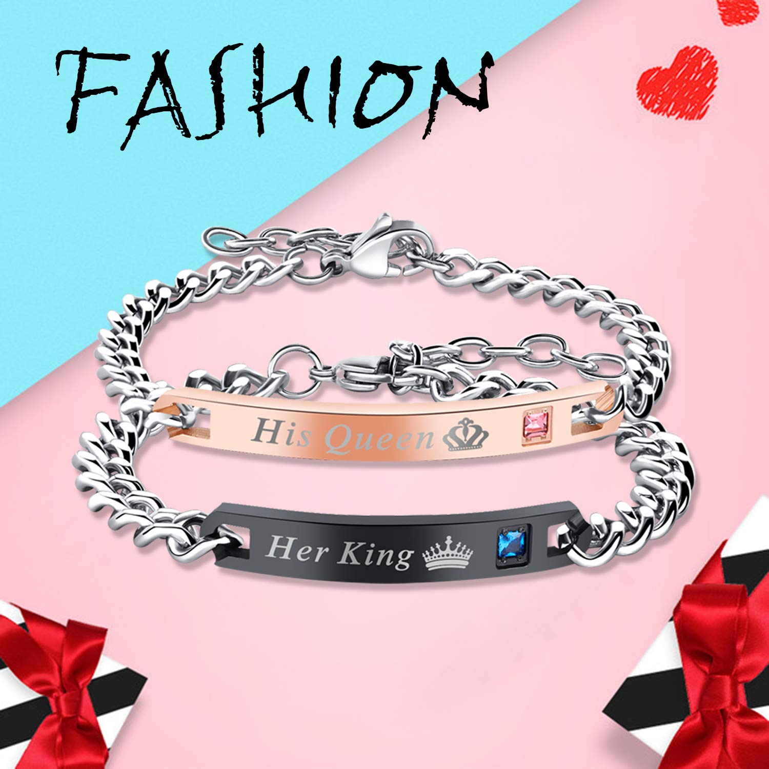 **Cupimatch 2 Pairs Couple Matching Necklace & Bracelet Set - Adjustable Stainless Steel I Love You Heart Puzzle Necklace & His Hers Bracelets - King & Queen CZ Relationship Jewelry for Anniversaries, Valentine's Day & Romantic Gifts**