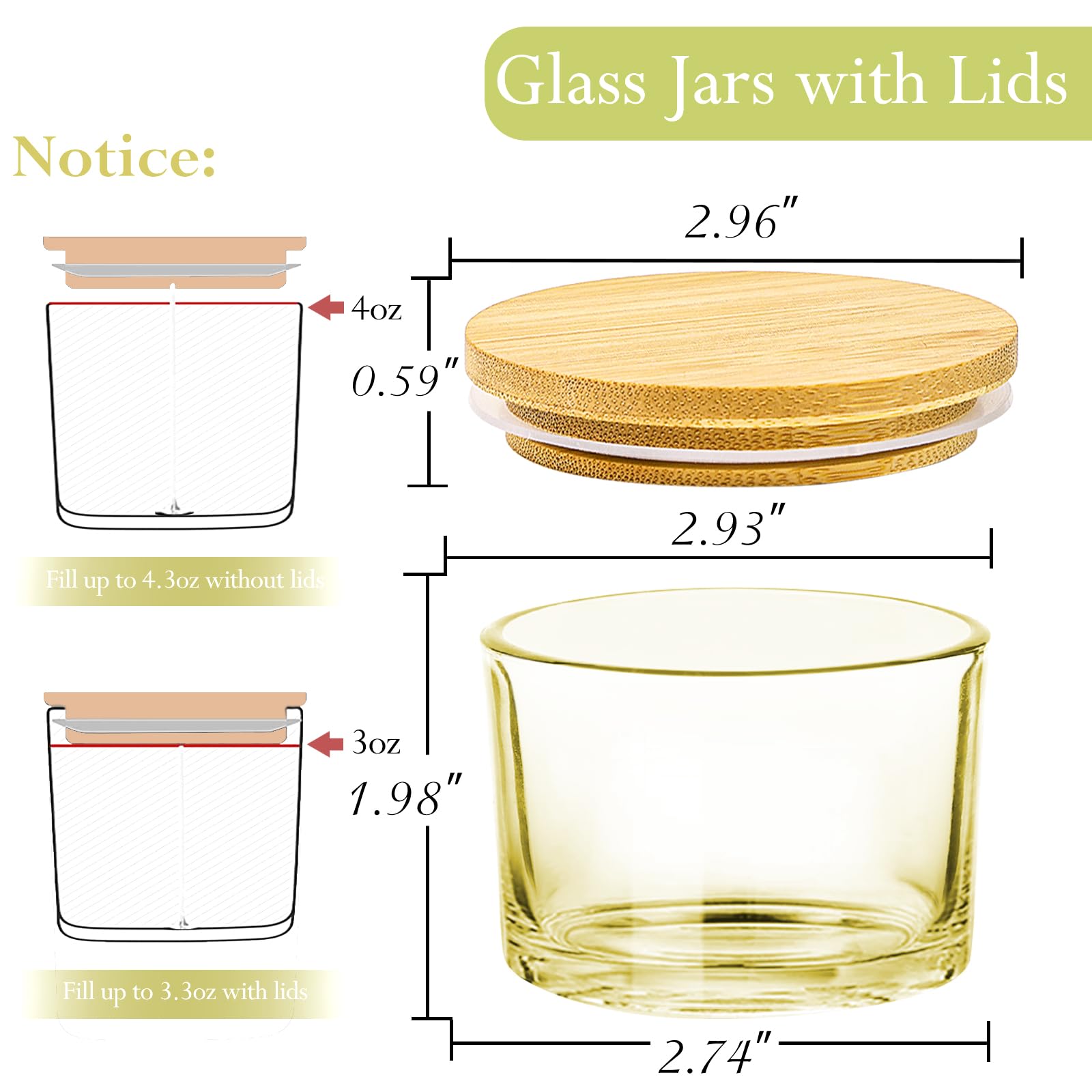 CONNOO 15-Pack 4oz Lemon Yellow Glass Candle Jars with Airtight Bamboo Lids - Bulk Small Wide Mouth Empty Candle Containers for DIY Candle Making, Home Decor & Gifts - Includes Warning Labels & Dishwasher Safe