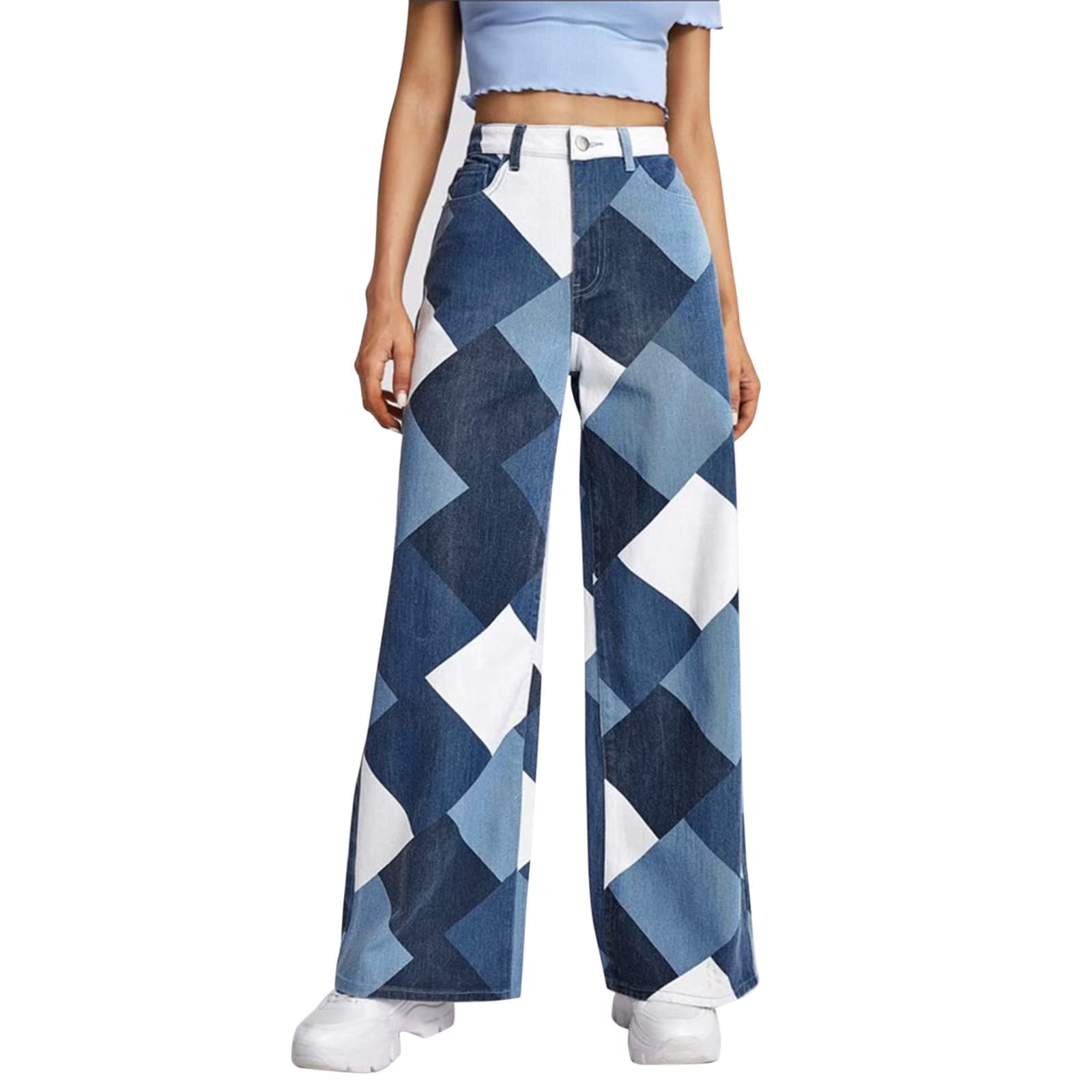 JChen Women's High Waisted Wide Leg Denim Jeans - Color Block Patchwork Bell Bottom Bootcut Pants for Casual Wear | Perfect for Boho Style, Street Fashion & Everyday Comfort
