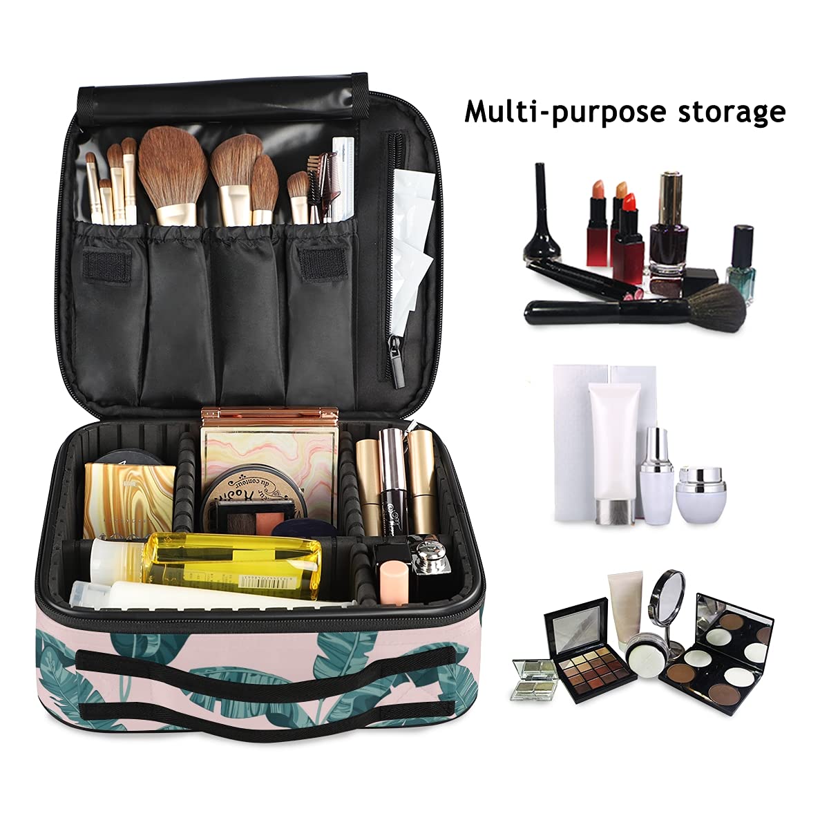 Exotic Palm Banana Leaves Travel Makeup Case - Large Cosmetic Bag Organizer for Women | Perfect for Vacation, Beach Trips & Daily Makeup Storage