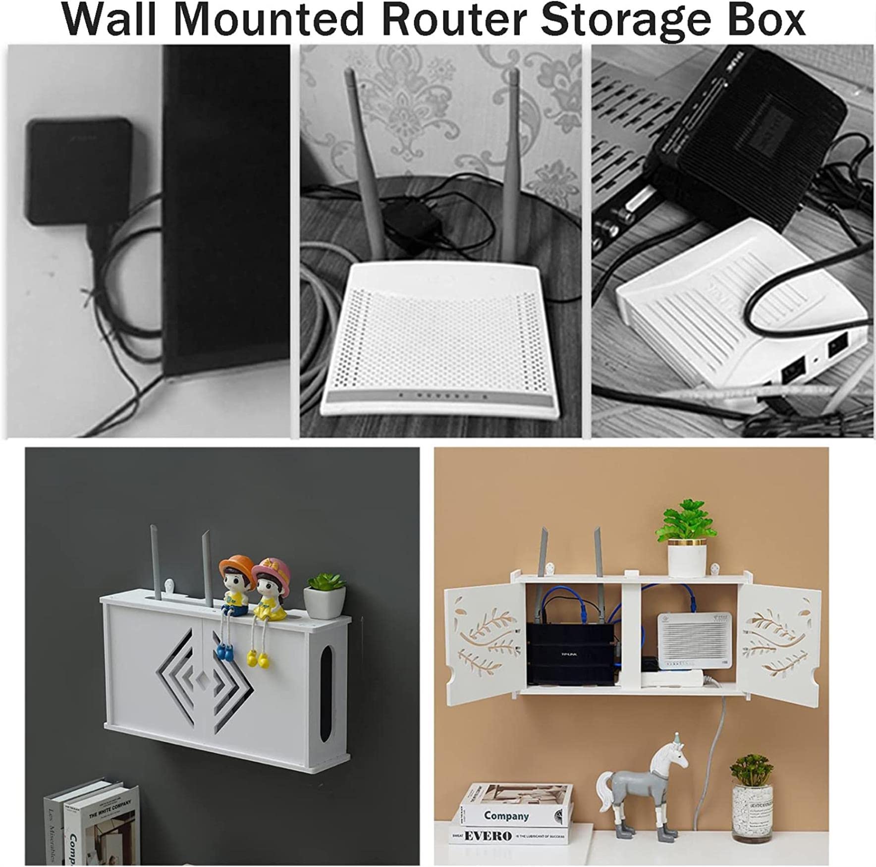 Wall Mounted WiFi Router Box Shelf - White Cable Management Organizer for Wireless Router & Power Cords | Home Office Network Setup, Living Room Electronics Storage, Neat Internet Modem Organization
