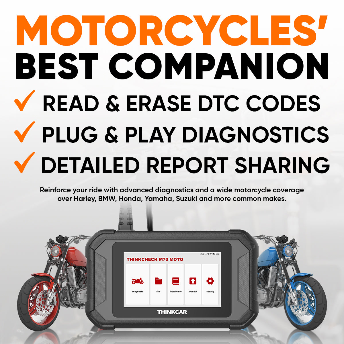 THINKCHECK M70 MOTO Motorcycle Diagnostic Tool - Plug & Play OBD2 Scanner for Harley, Honda, Kawasaki - Easy Fault Code Reader for Bike Maintenance & Repair