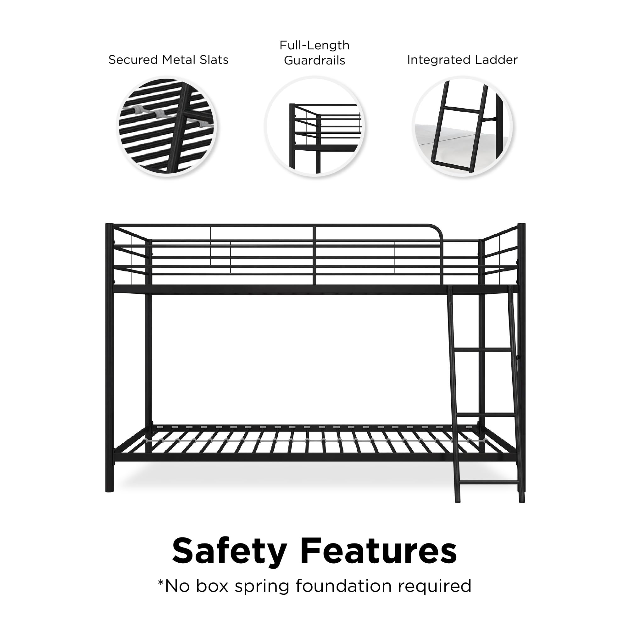DHP Junior Twin over Twin Bunk Bed - Space Saving Kids Bunk Bed with Full-Length Safety Guardrails in Black | Perfect for Small Bedrooms, Kids' Rooms & Shared Spaces