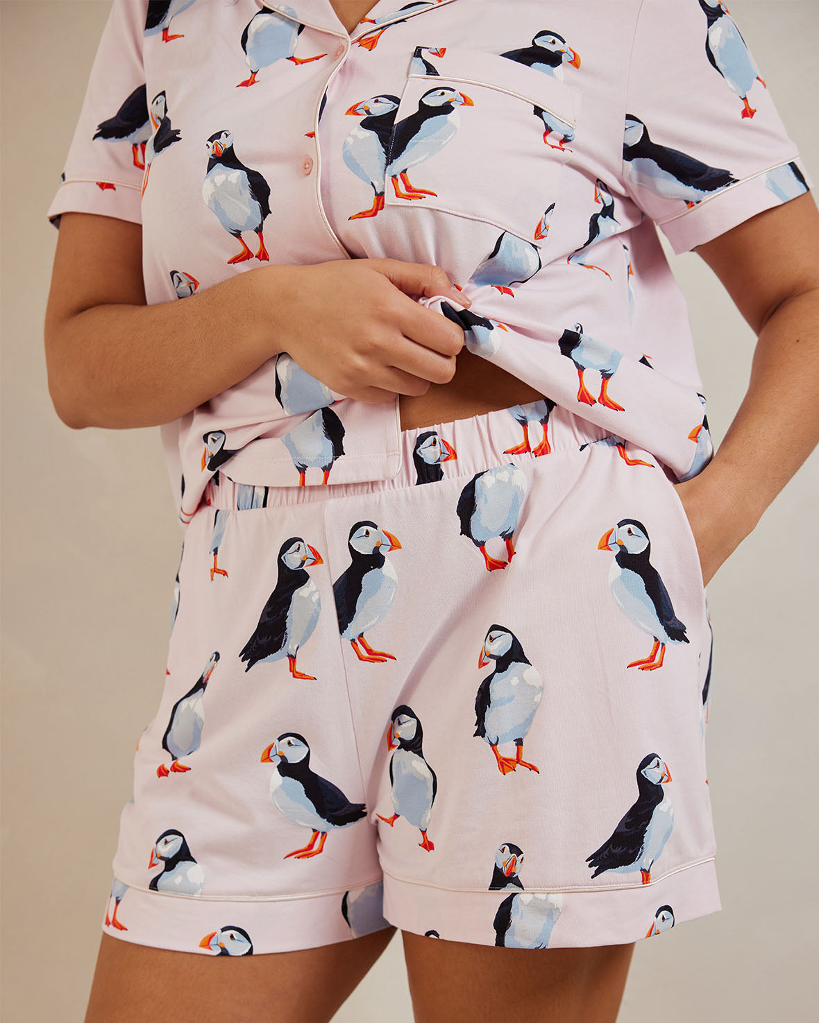 Organic Cotton Puffin Print Short Pajama Set for Women - Soft & Breathable Sleepwear for Summer Nights - Perfect for Lounging, Travel & Cozy Bedtime