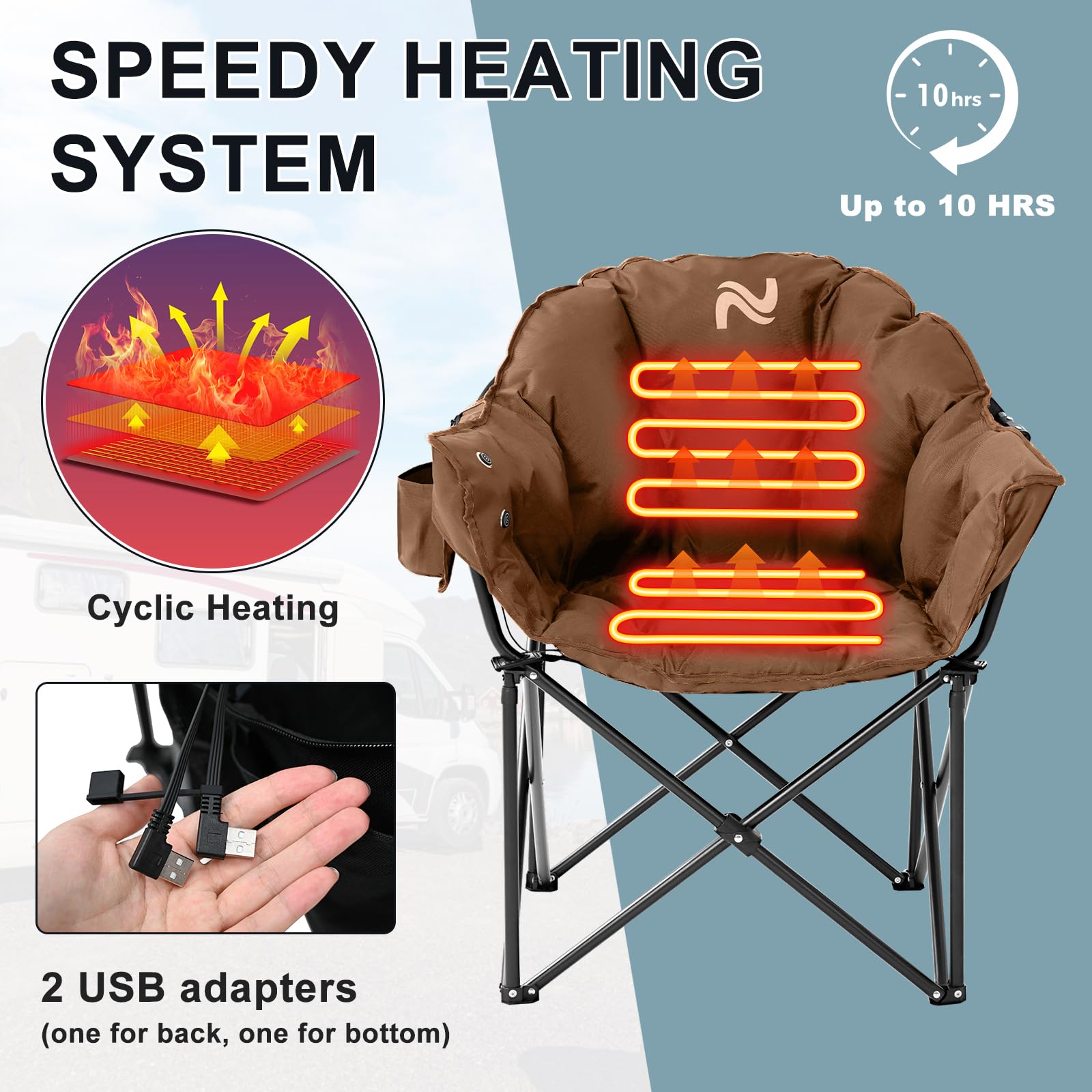 MOPHOTO Portable Heated Camping Chair - Oversized Padded Folding Chair with Heating for Outdoor Sports, Lawn, Patio & Lounge - Perfect for Winter Camping, Fishing, Tailgating & Backyard Relaxation