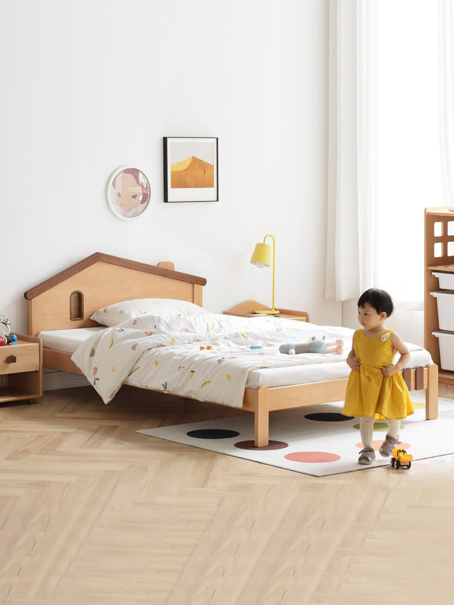 Kids Wooden Bed with Night Light - Beech & Poplar Little House Design with 15-Minute Auto Light Off - Perfect for Bedrooms, Playrooms & Cozy Sleep Spaces