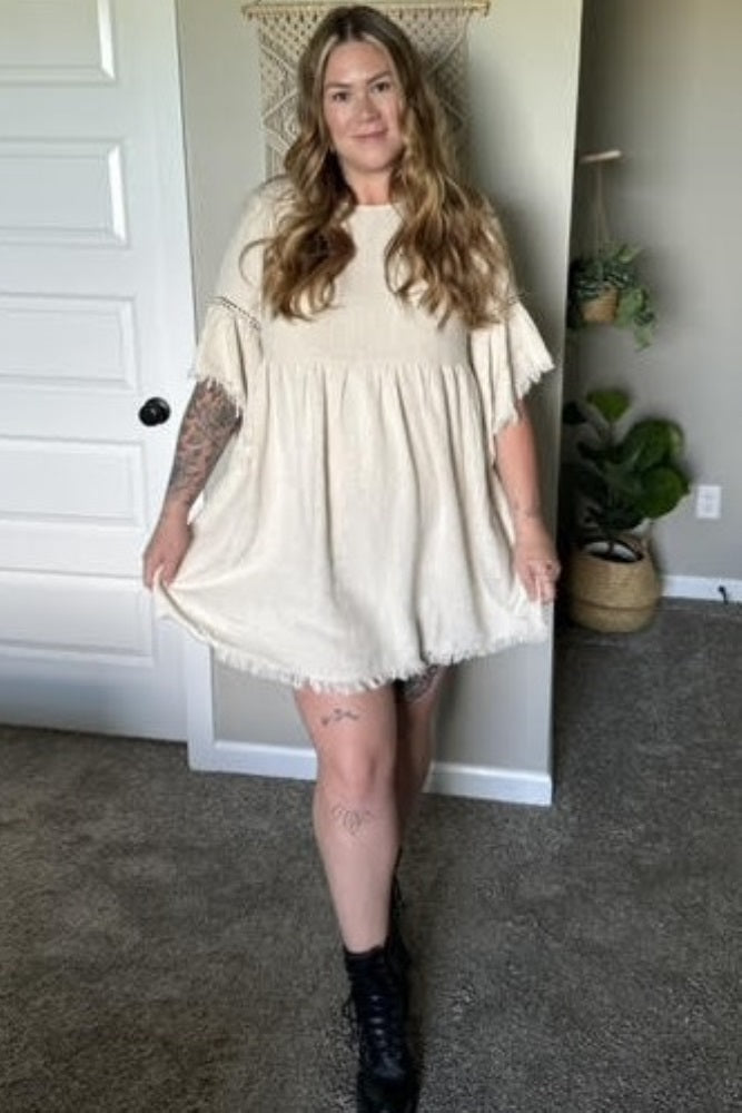 Beige Raw Edge Bell Sleeve Babydoll Dress for Women - Boho Chic Lace Trim Mini Dress - Perfect for Summer, Beach, Music Festivals & Date Nights