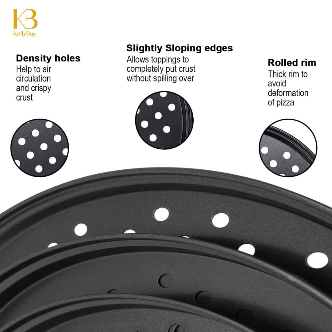 3-Pack Non-Stick Carbon Steel Pizza Pans with Holes - 12, 11 & 9 Inch Round Baking Pans for Oven - Perfect for Home, Restaurant & Commercial Use - Durable Black Coating for Even Heat Distribution
