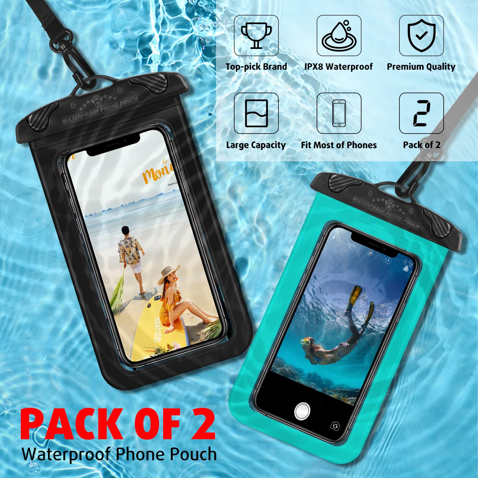 2 Pack Waterproof Phone Pouch for iPhone 16 15 14 13 12 Pro Max & Galaxy S24 S23 Ultra - IPX8 Waterproof Phone Case Dry Bag with Lanyard - Perfect for Beach, Swimming, Cruise, Kayaking & Water Sports