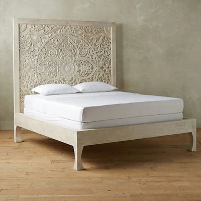Hand Carved Indian Wooden Bed Frame - Dynasty Low Line Design for Master Bedroom & Guest Room | Solid Wood Bed Frame with Exquisite Carvings | Perfect for Traditional & Bohemian Home Decor