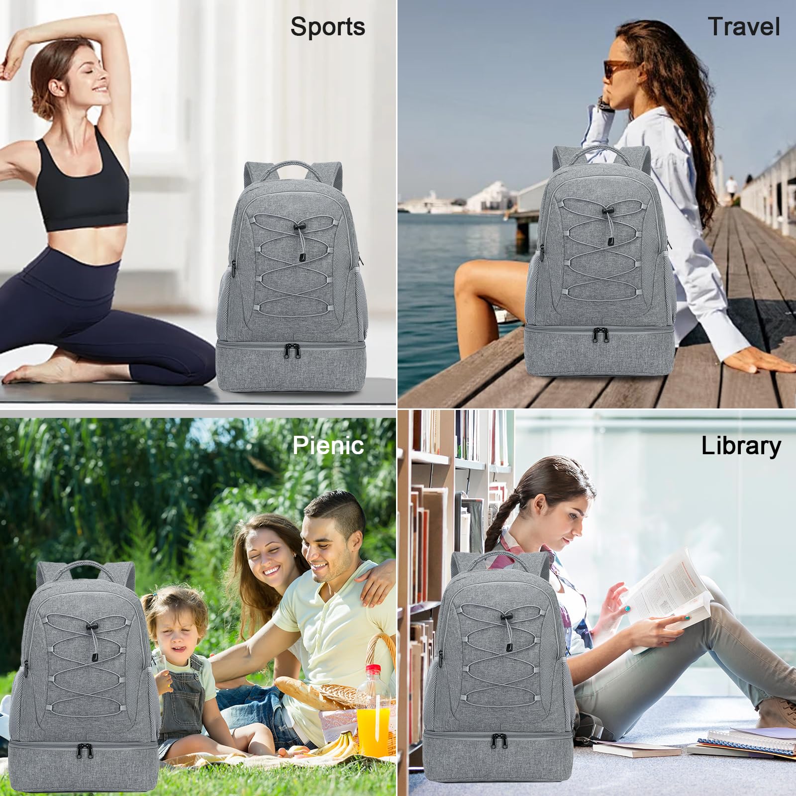 seyfocnia Gym & Travel Backpack for Men & Women - Lightweight Water-Resistant Sports Backpack with Shoe Compartment - Perfect for Workout, Travel & Daily Use - Casual Daypack in Grey