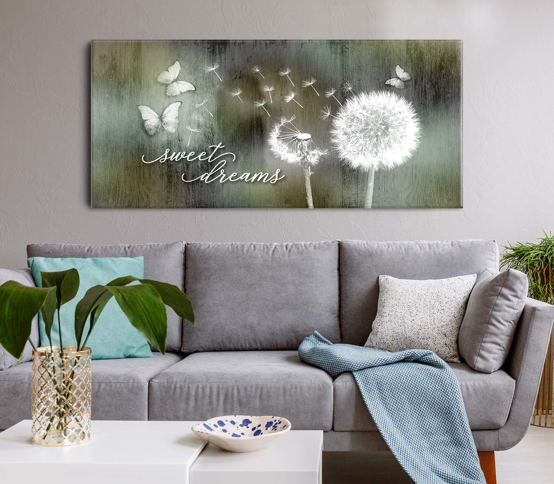 Sweet Dreams Dandelion Wall Art - Large 60x27 Inch Green Brown Canvas Painting for Master Bedroom Decor | Above Bed Wall Hanging | Boho Chic Home Decor | Perfect for Bedroom, Nursery & Living Room
