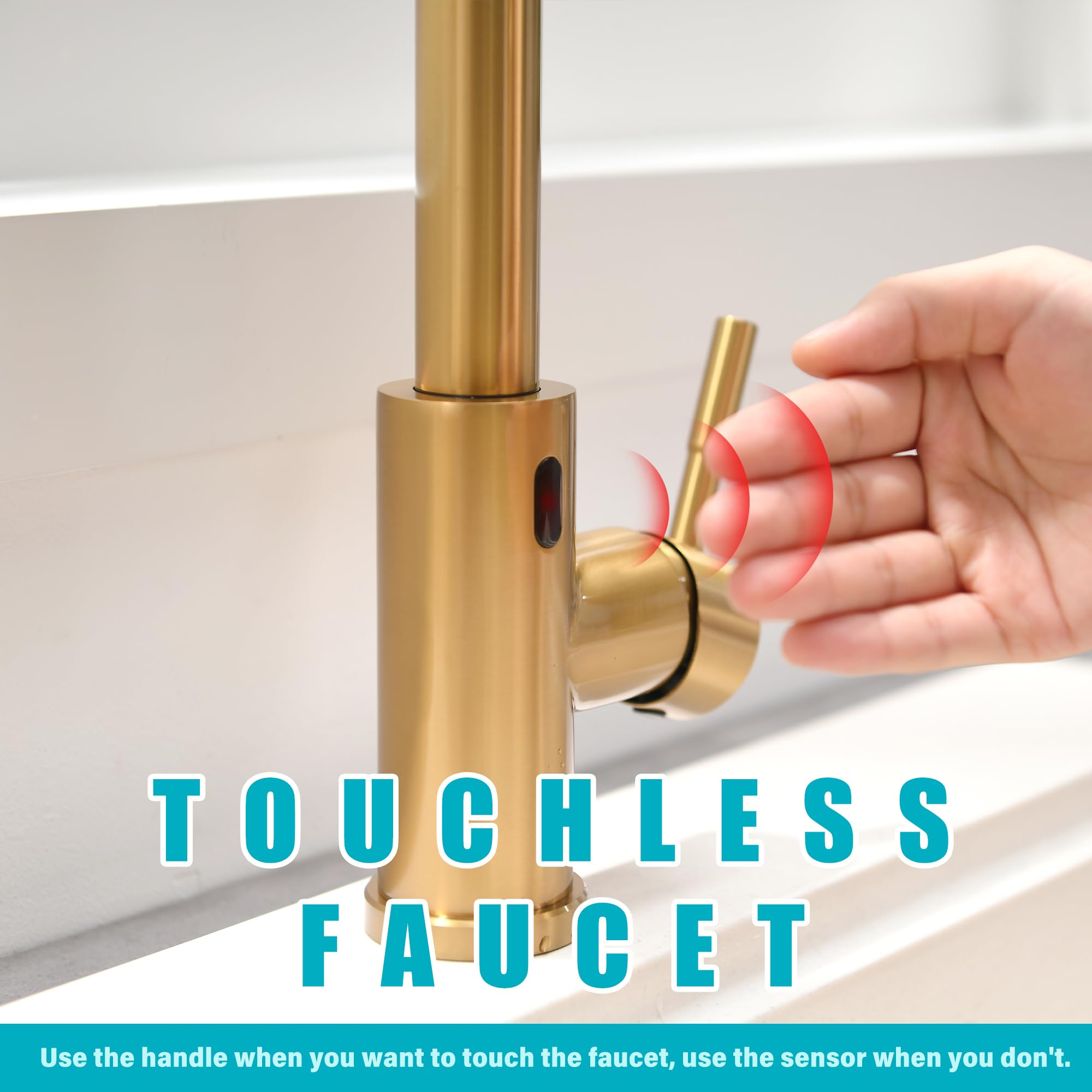 Gold Touchless Kitchen Faucet with Motion Sensor - Hands-Free Pull Down Sprayer for Sink (Brushed Brass) - Perfect for Modern Kitchens
