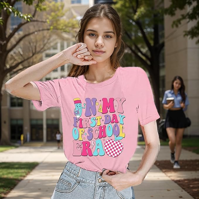 Happy First Day of School Teacher Shirts for Women - Cute Back to School Teacher Tee Tops - Perfect for Classroom, Teacher Appreciation & School Events