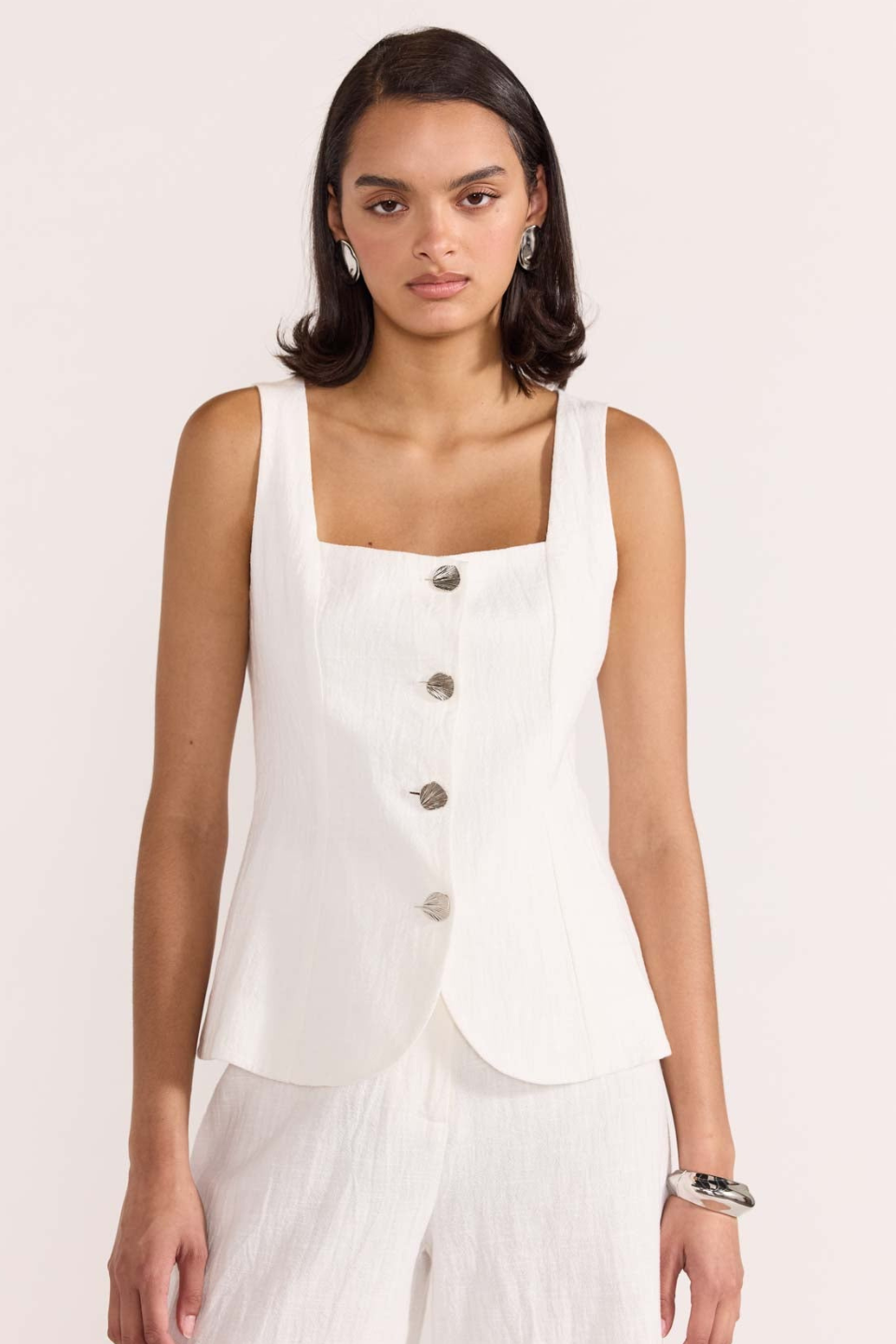 Eden White Silver Button Vest for Women - Elegant Formal Wear for Office, Parties & Special Occasions