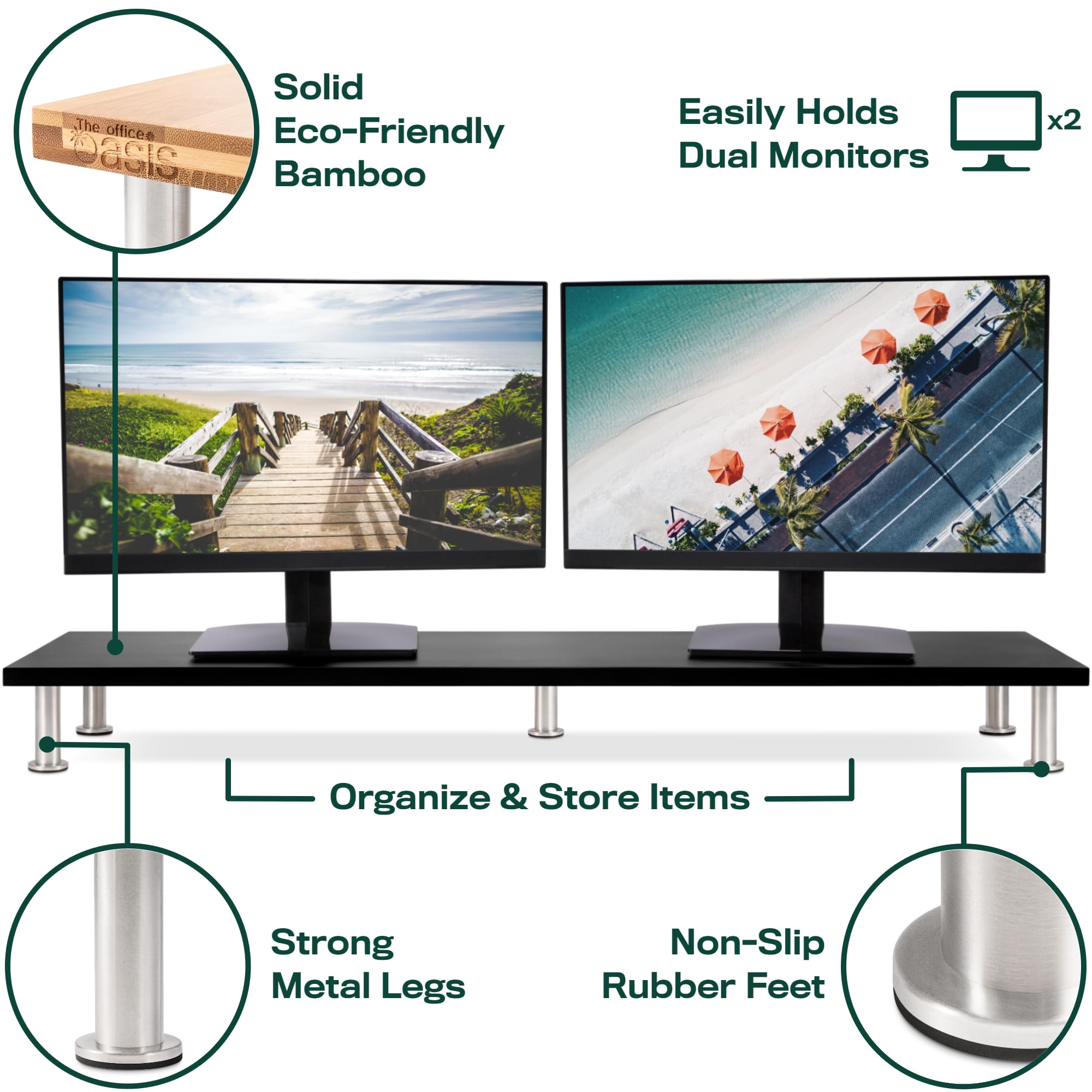 Original Bamboo Dual Monitor Stand (As Seen On PBS) - 42 Inch Large Monitor Riser for Computer Screens, Laptop or TV - Desk Shelf Organizer with Extra Storage Space - Ergonomic Workspace Solution for Home Office & Gaming Setup - Black